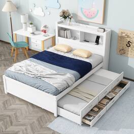 Loheer - Full Size Platform Bed with Trundle, Storage Drawers and USB Ports, Captains Bed with Bookcase Headboard - White