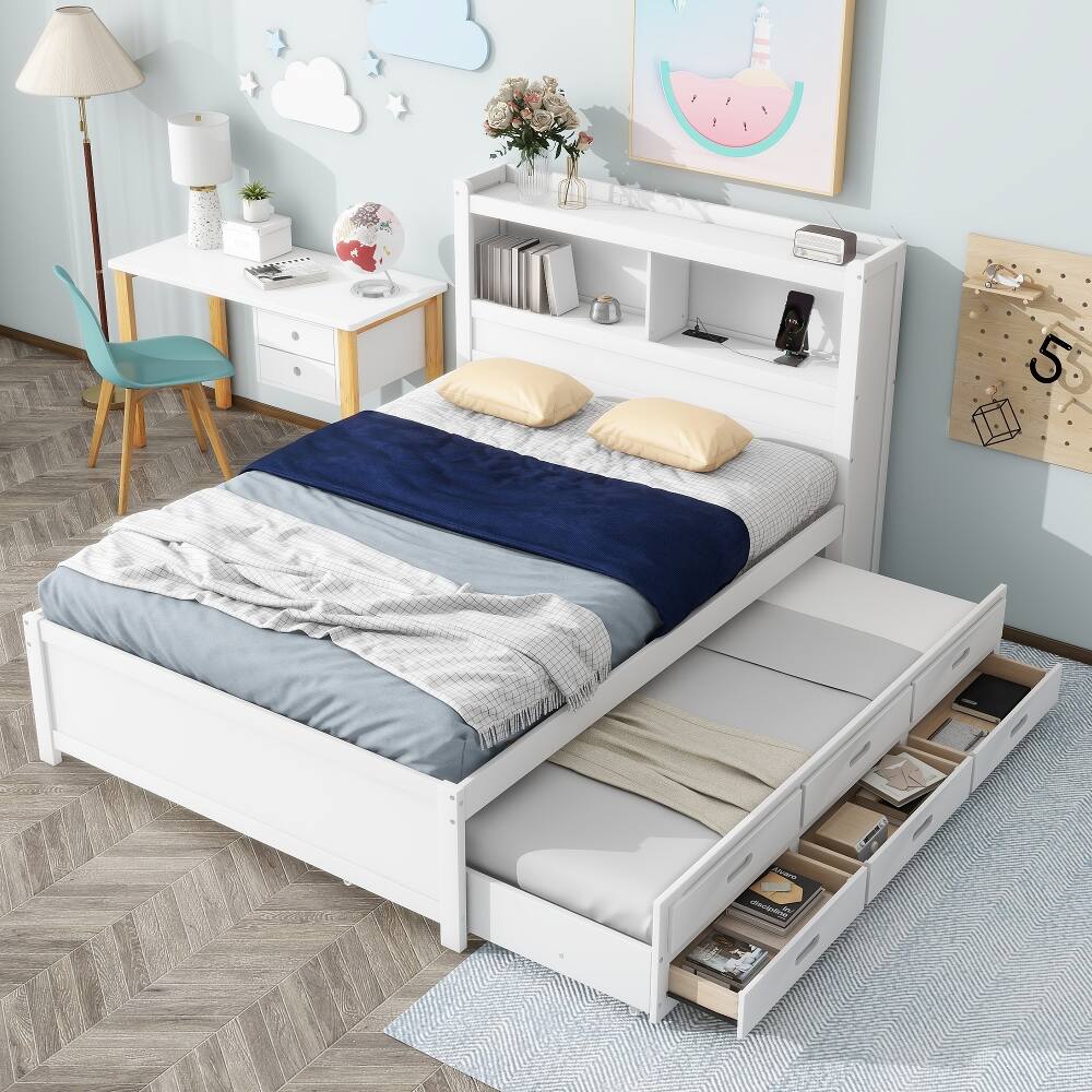 Front. Loheer - Loheer Full Size Platform Bed with Trundle, Storage Drawers and USB Ports, White Captains Bed with Bookcase Headboard - White.