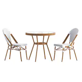Emma + Oliver - Colmar Indoor/Outdoor Bistro Style 31.5 in. Table with PE Rattan, Glass Top, and Two Chairs - Metal Frame - White & Gray Rattan/Natural Frame