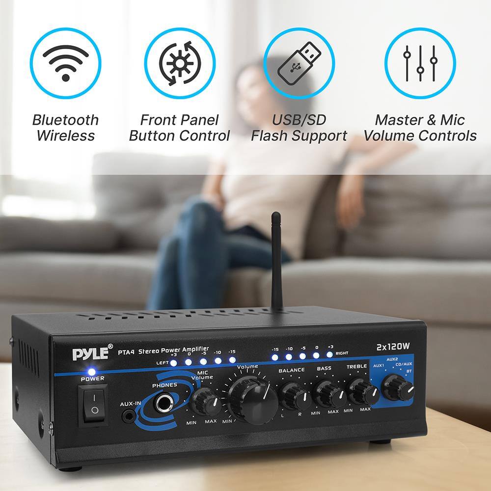 - Bluetooth Wireless
- Front Panel Button Control
- USB/SD Flash Support
- Master & Mic Volume Controls

PYLE PTA4 Stereo Power Amplifier

- 2x120W
- AUX1, AUX2, CD/AUX, BT
- Volume Controls
- Balance
- Bass
- Treble
- Left, Right
- Mic Volume
- Phones
- Power
- AUX-IN
- MIN/MAX for each control