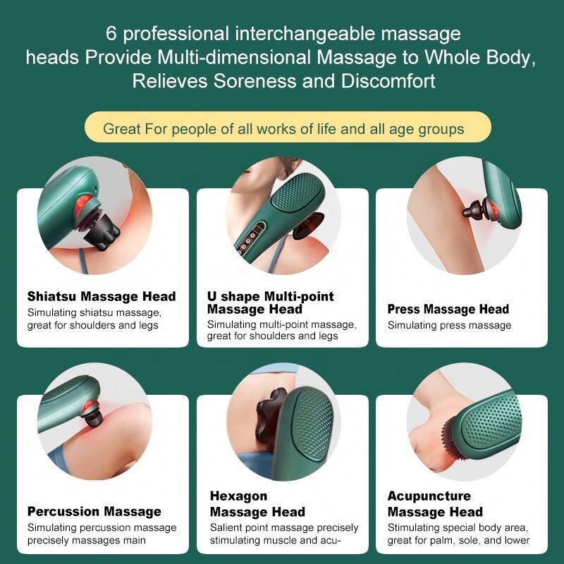 6 professional interchangeable massage heads  
Provide Multi-dimensional Massage to Whole Body,  
Relieves Soreness and Discomfort  

Great For people of all works of life and all age groups  

- Shiatsu Massage Head  
  Simulating shiatsu massage, great for shoulders and legs  

- U shape Multi-point Massage Head  
  Simulating multi-point massage, great for shoulders and legs  

- Press Massage Head  
  Simulating press massage  

- Percussion Massage  
  Simulating percussion massage precisely massages main  

- Hexagon Massage Head  
  Salient point massage precisely stimulating special body area, stimulating muscle and acu- great for palm, sole, and lower  

- Acupuncture Massage Head  
  Stimulating special body area, great for palm, sole, and lower