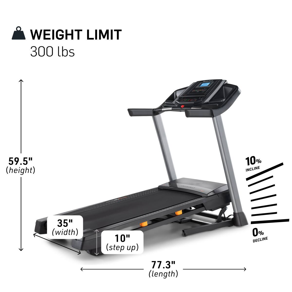 - WEIGHT LIMIT: 300 lbs
- HEIGHT: 59.5"
- WIDTH: 35"
- STEP UP: 10"
- LENGTH: 77.3"
- INCLINE: 10%
- DECLINE: 0%