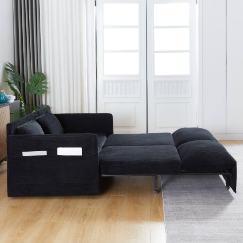 Angle. LUCKY ONE - 64.5 Inch 3-in-1 Adjustable Corduroy Sleeper Sofa Bed with Pullout Bed, 2 Pillows, Side Pockets, Recliner Function - Black.