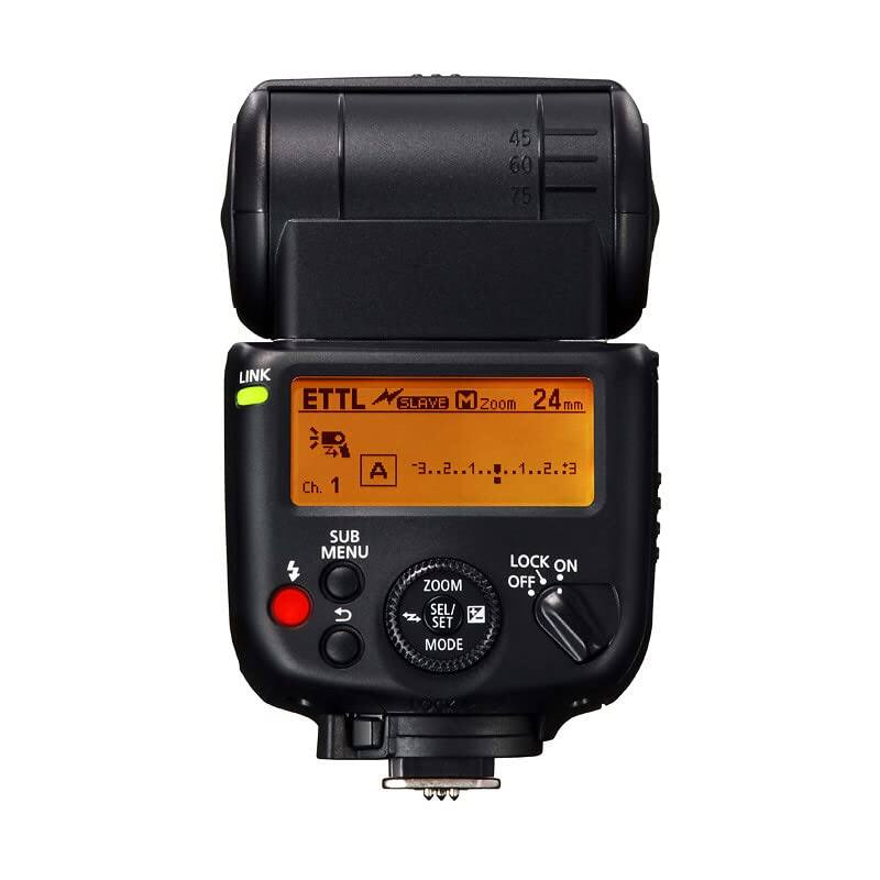 45 60 75 LINK ETTL SLAVE M Zoom 24mm Ch. 1 A -3..2..1..0..1..2..3 1 1 2 E: SUB MENU 5 ZOOM SEL/ Z SET MODE LOCK ON OFF