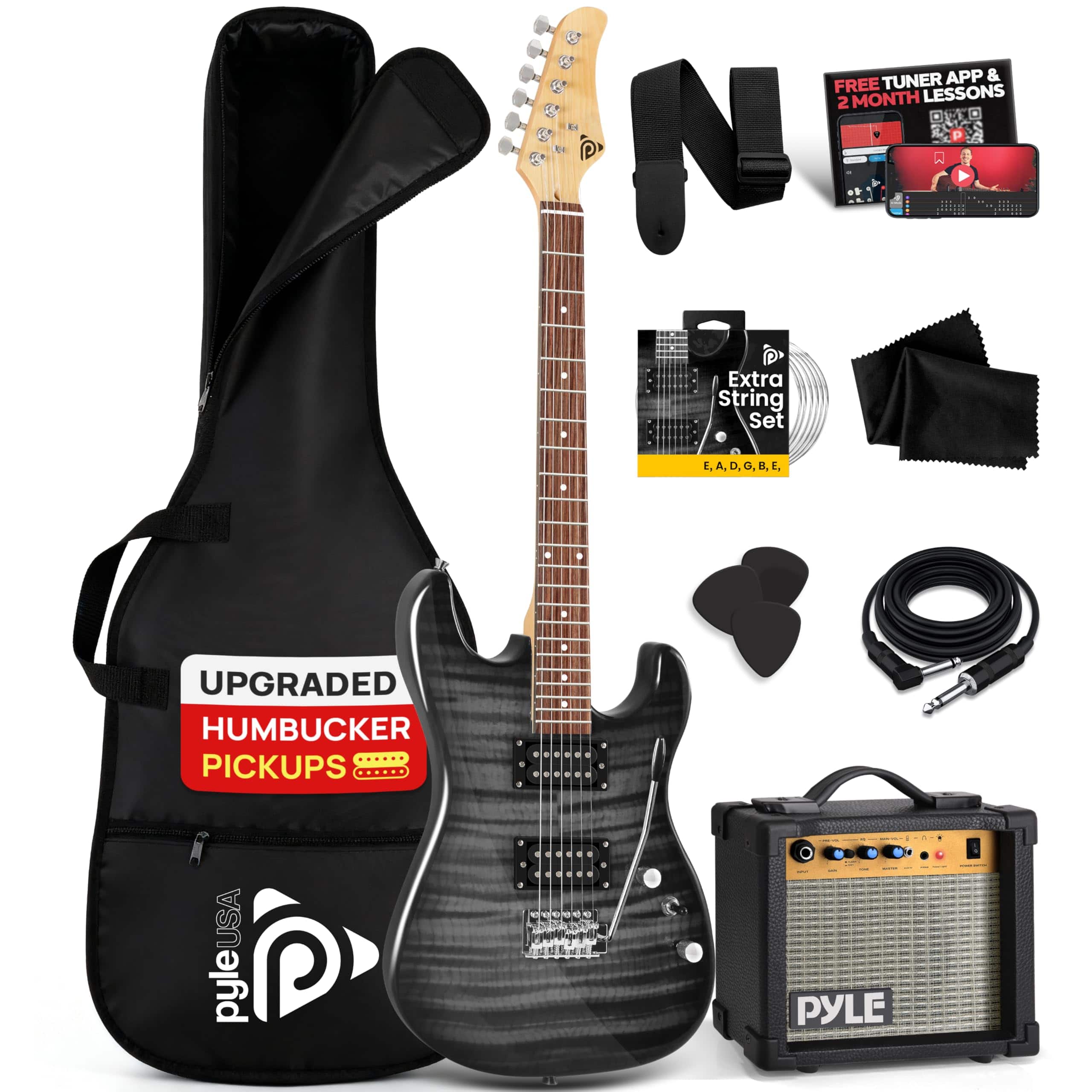 Pyle - Electric Guitar Kit with Amp, Full Size, Humbucker Pickups, 39" - PEGKT99BK.X9 - Black