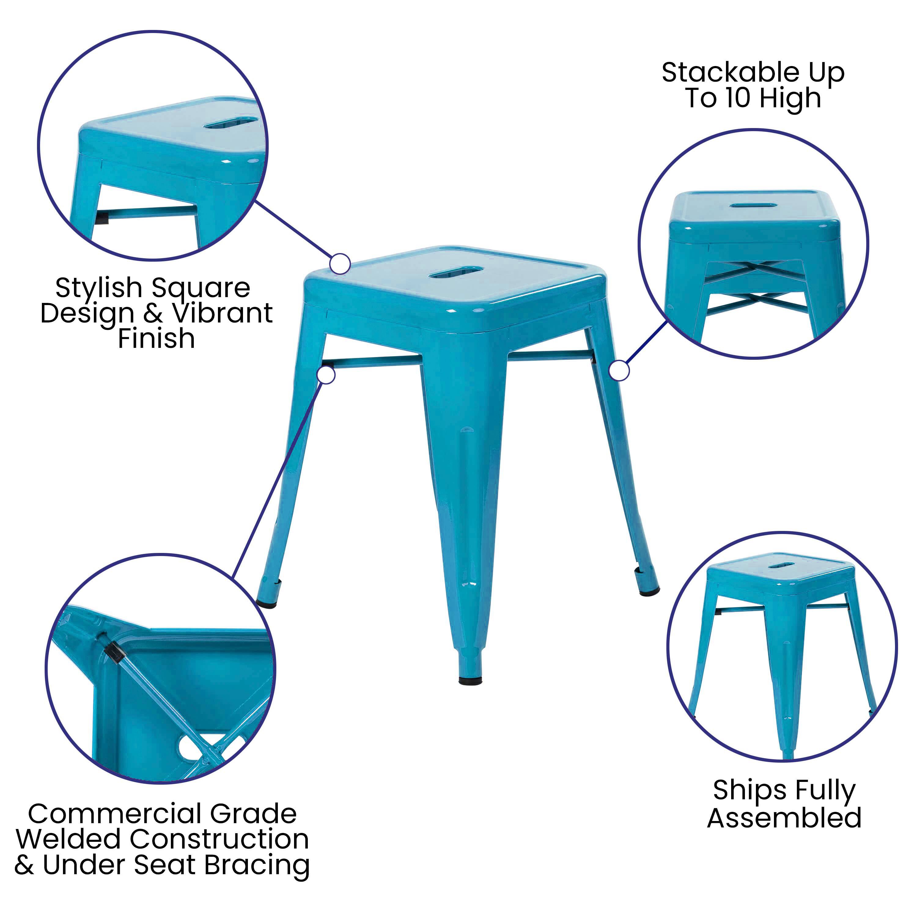 - Stackable Up To 10 High
- Stylish Square Design & Vibrant Finish
- Commercial Grade Welded Construction & Under Seat Bracing
- Ships Fully Assembled