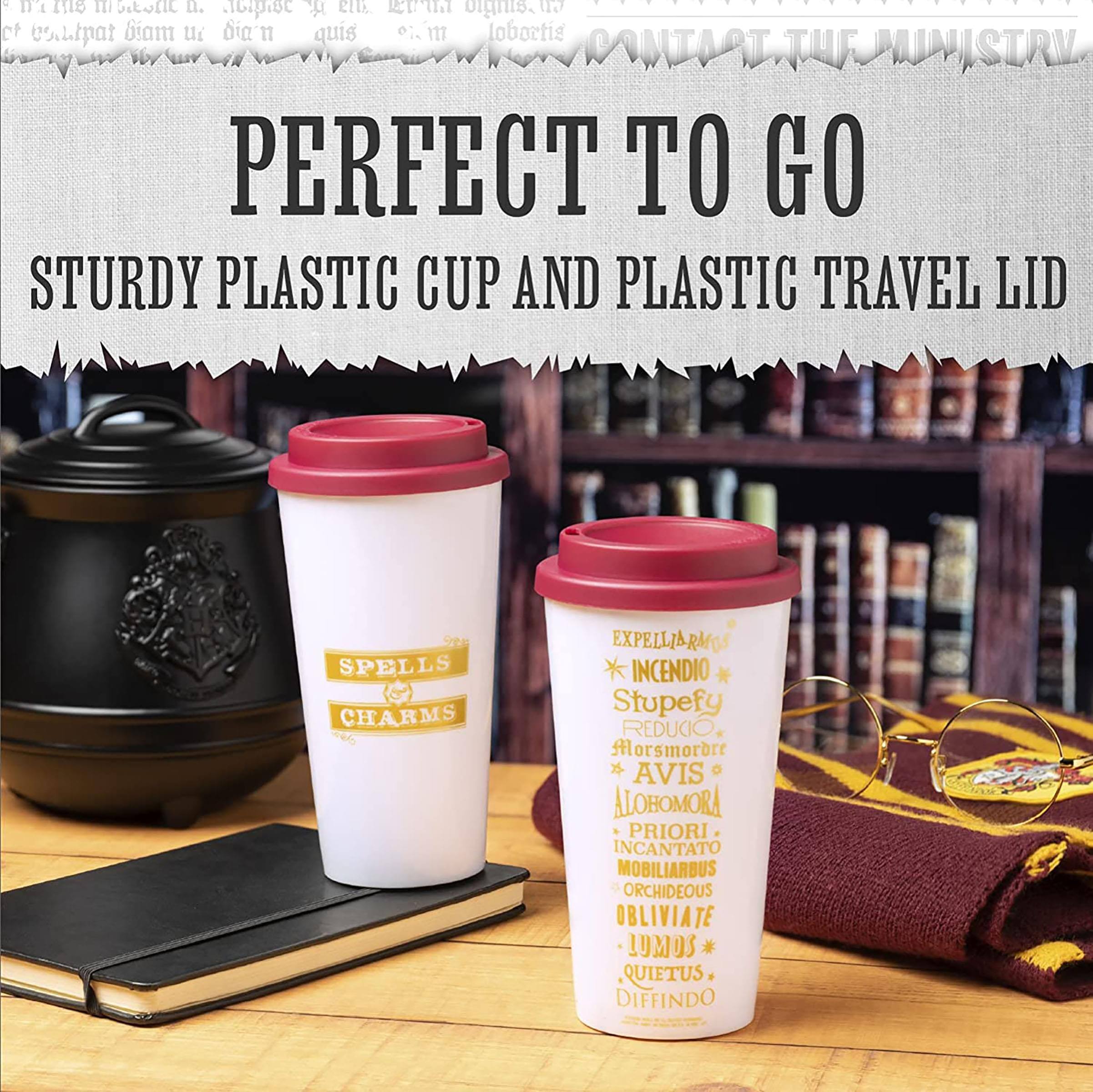 Sure, here is the corrected and grouped text from the image:

---

**PERFECT TO GO**

**STURDY PLASTIC CUP AND PLASTIC TRAVEL LID**

---

**SPELLS CHARMS**

- EXPELLIARMUS
- INCENDIO
- Stupefy
- REDUCIO
- AVIS
- ALOHOMORA
- PRIORI INCANTATO
- MOBILIARBUS
- ORCHIDEOUS
- OBLIVIATE
- LUMOS
- QUIETUS
- DIFFINDO

---

**CONTACT THE MINISTRY**