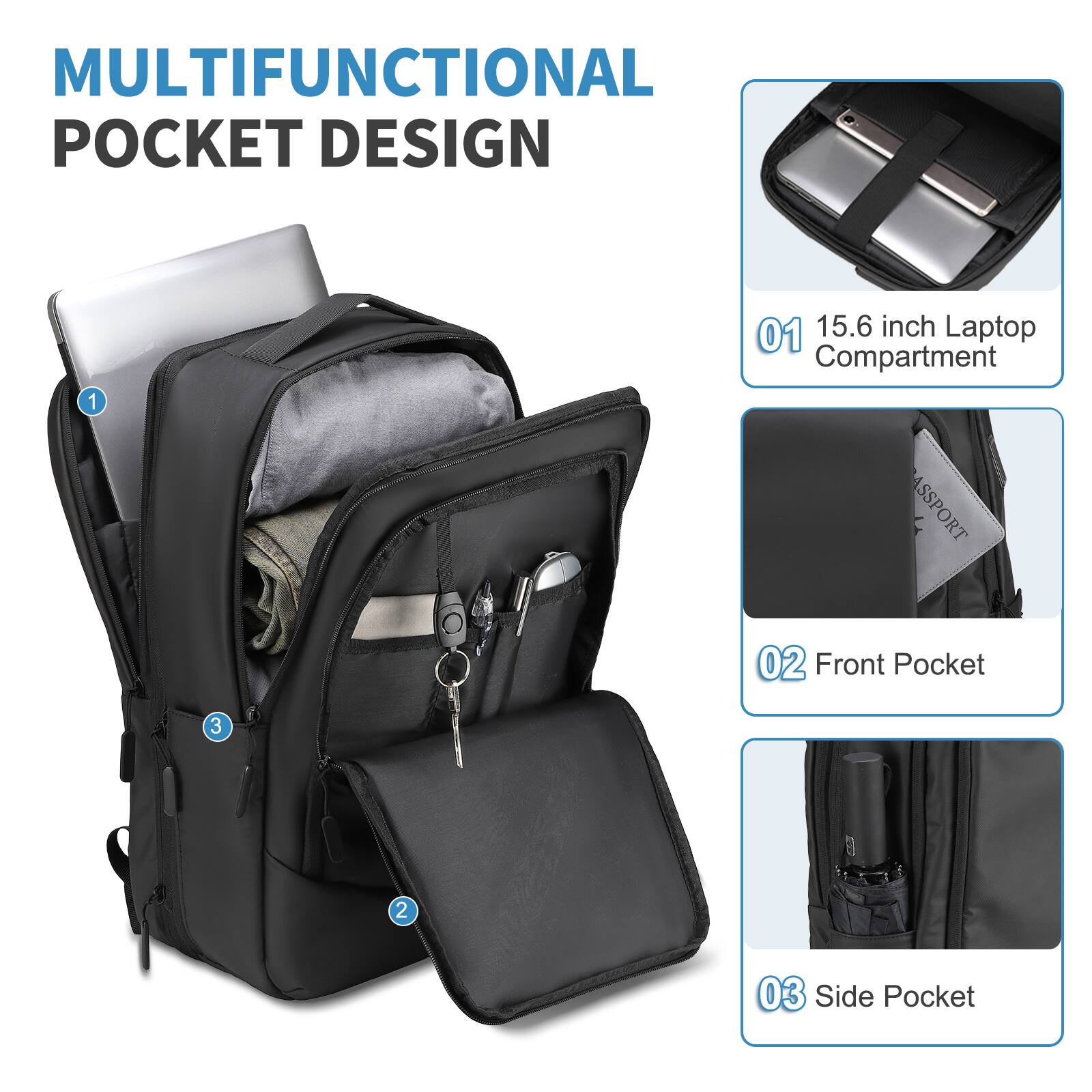 MULTIFUNCTIONAL POCKET DESIGN

1. 15.6 inch Laptop Compartment
2. Front Pocket
3. Side Pocket