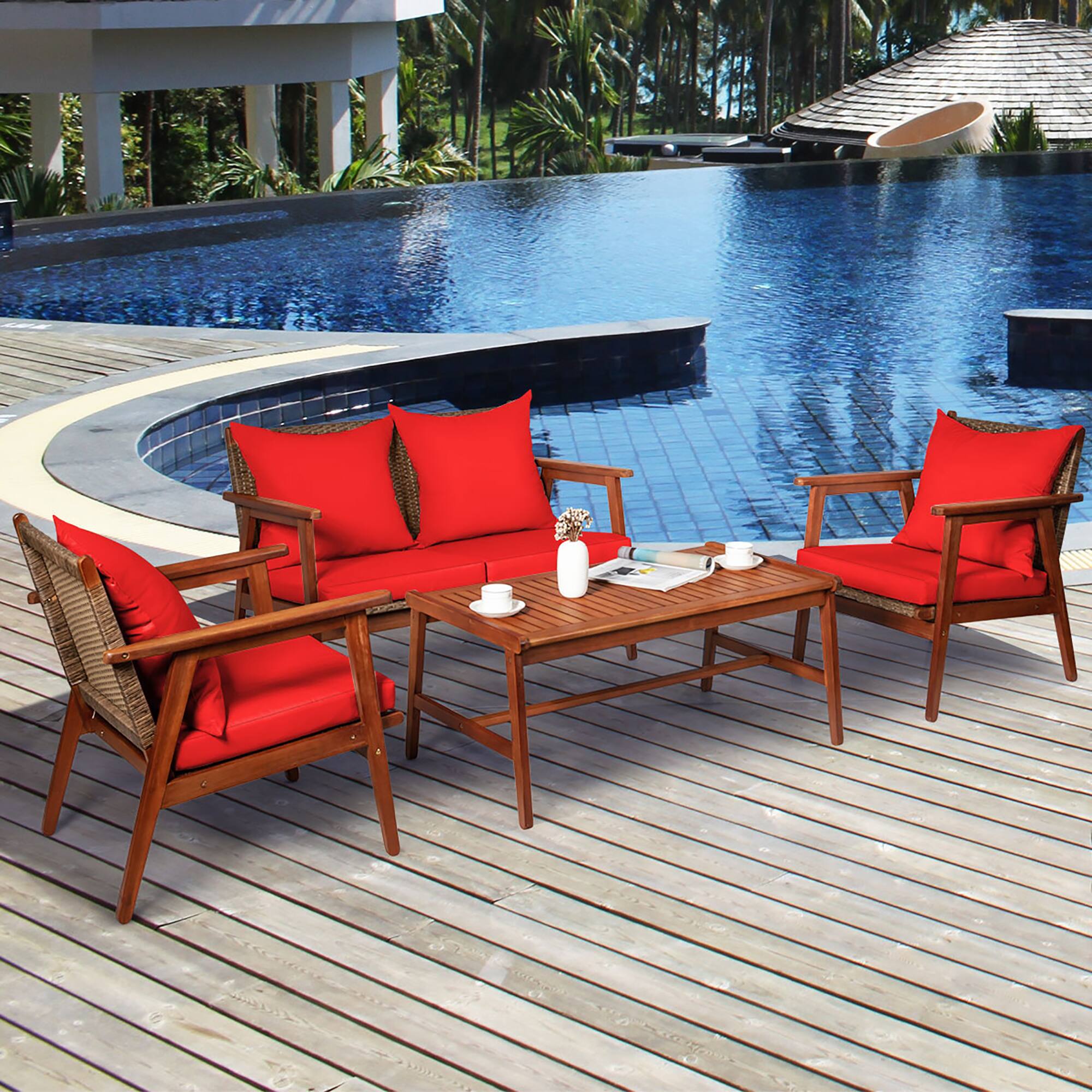 Alt View 2. Costway - Costway 4PCS Patio Rattan Furniture Set Acacia Wood Frame Cushioned Sofa Chair - Multicolor.