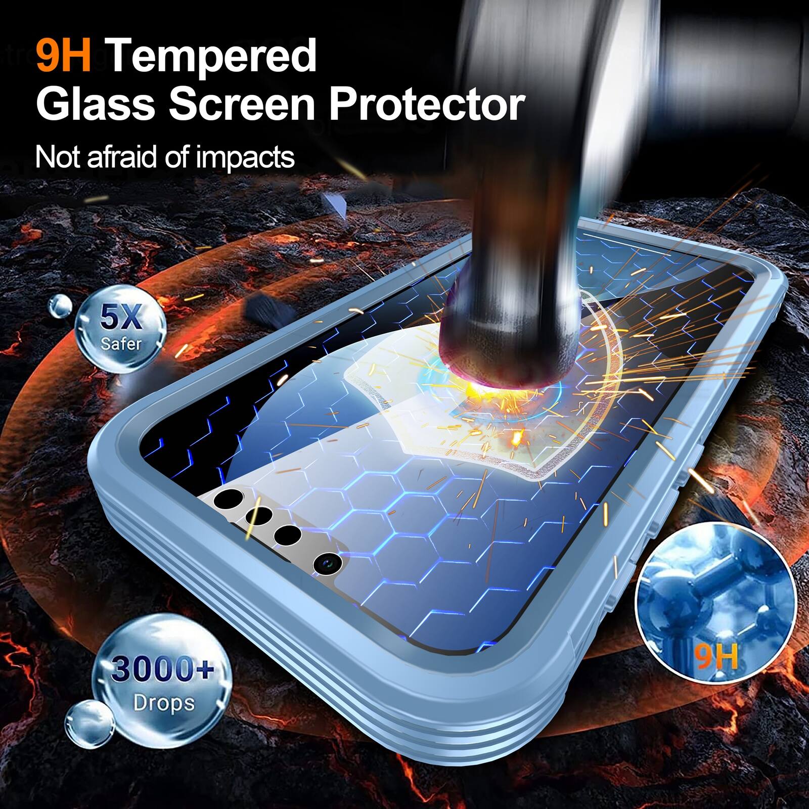 9H Tempered Glass Screen Protector  
Not afraid of impacts  
5X Safer  
3000+ Drops  
9H