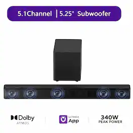 Ultimea - Poseidon M60 Boom 5.1ch Dolby Atmos Sound System, 340W Peak Power, 5 Full-Range Drivers, Wired Subwoofer - Black