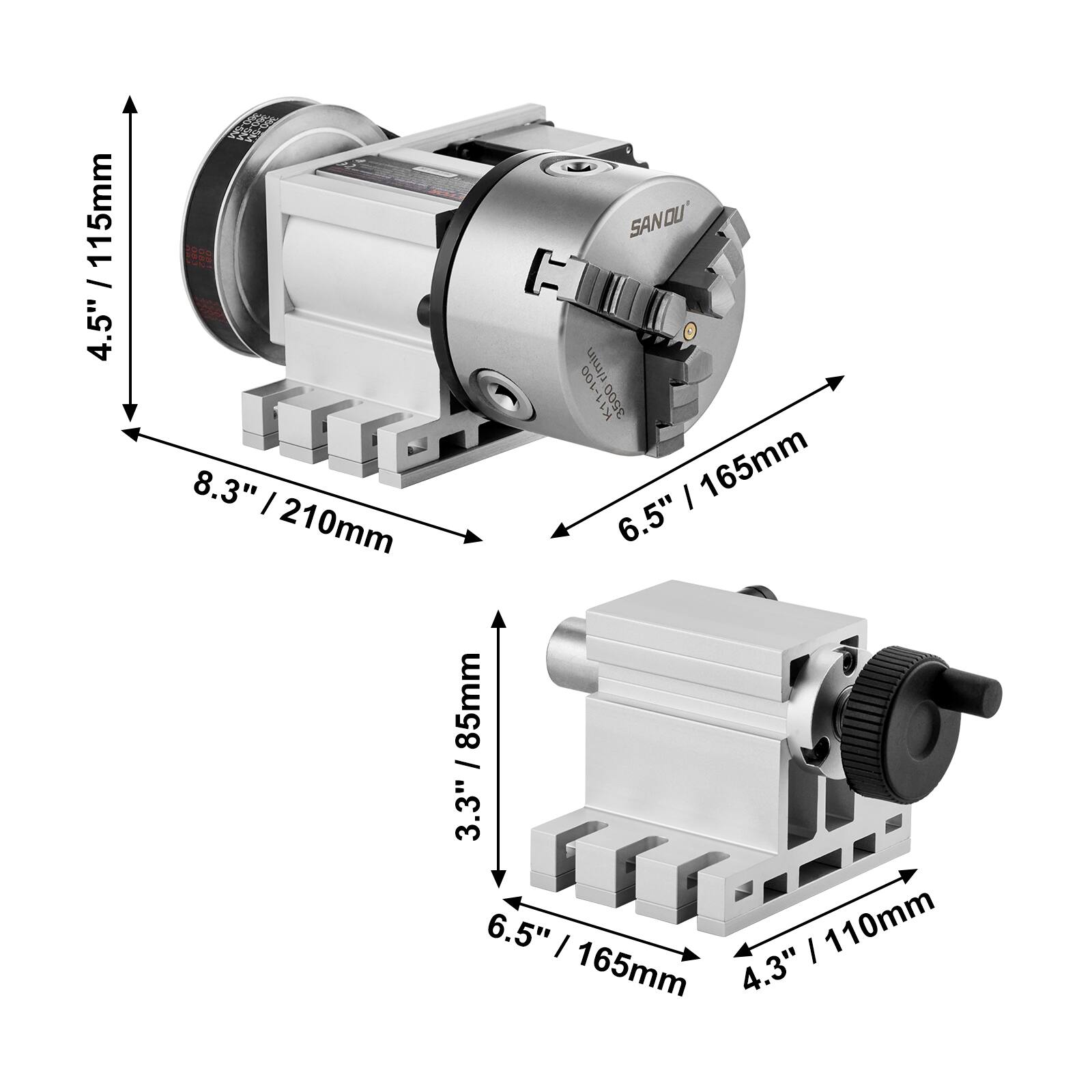 115mm / 4.5"  
8.3" / 210mm  
85mm / 3.3"  
6.5" / 165mm  
4.3" / 110mm
