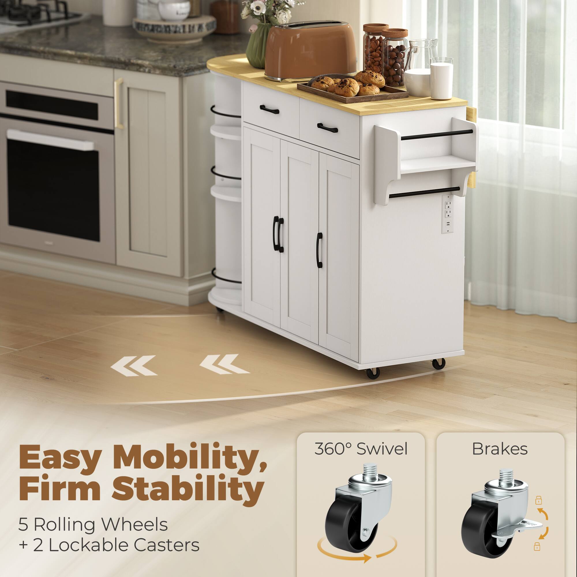 Easy Mobility, Firm Stability  
5 Rolling Wheels + 2 Lockable Casters  
360° Swivel  
Brakes