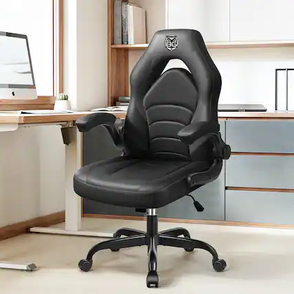 Front. KERDOM - Gaming Chair, Swivel Tilt Gamer Computer Chair PU Leather, Ergonomic Desk Chair with Flip-Up Arms, Height Adjustable - Black.