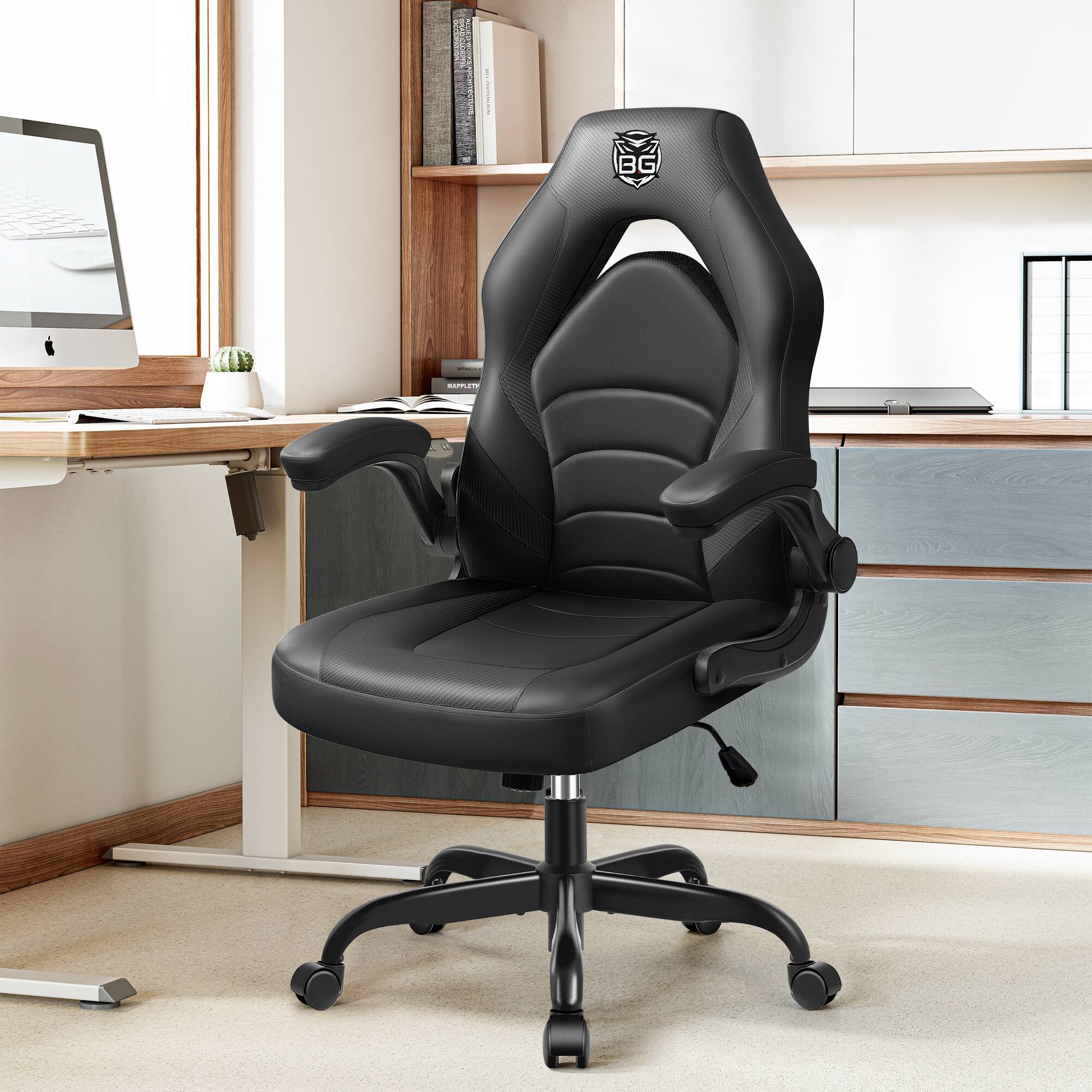 Front. KERDOM - Gaming Chair, Swivel Tilt Gamer Computer Chair PU Leather, Ergonomic Desk Chair with Flip-Up Arms, Height Adjustable - Black.