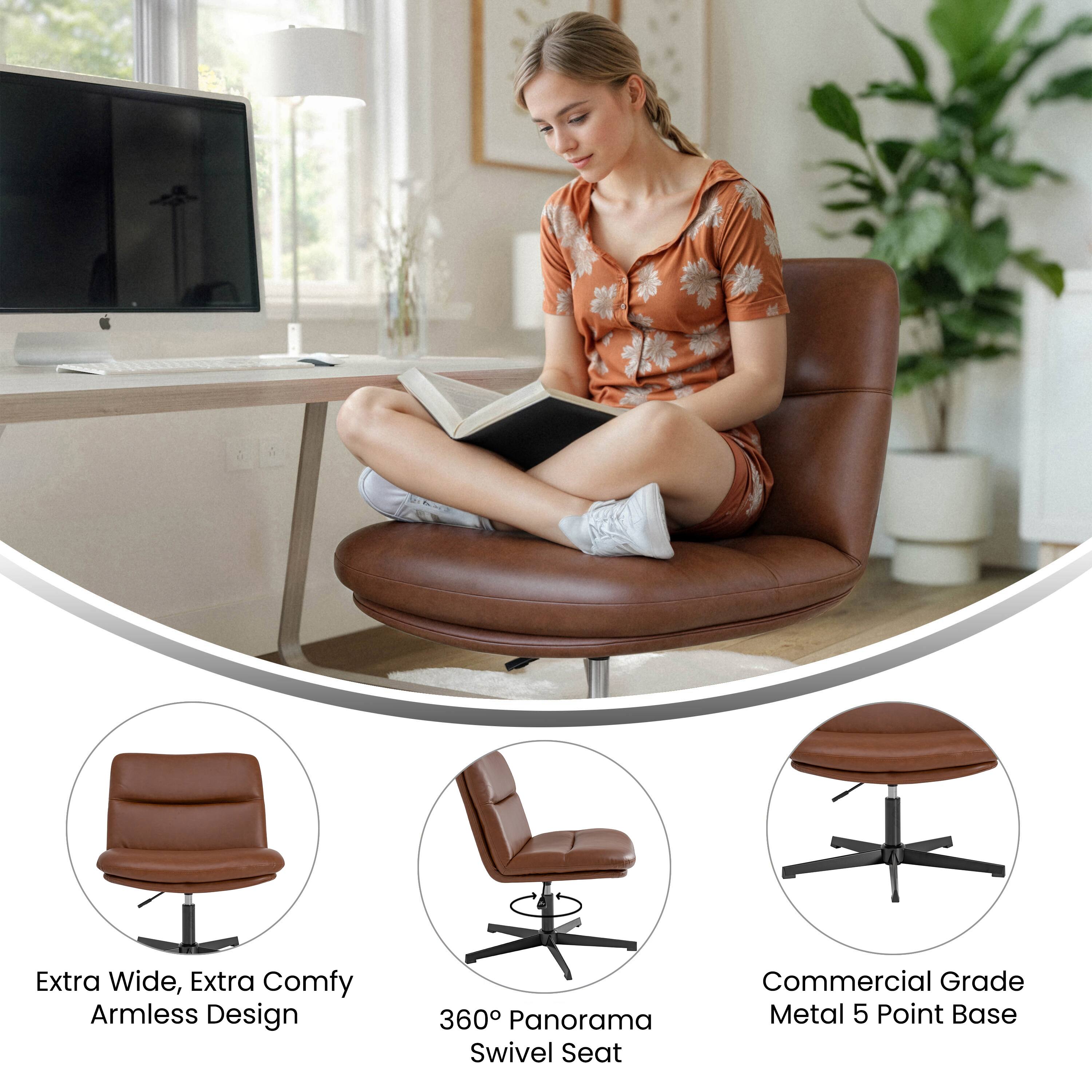 Extra Wide, Extra Comfy Armless Design  
360° Panorama Swivel Seat  
Commercial Grade Metal 5 Point Base