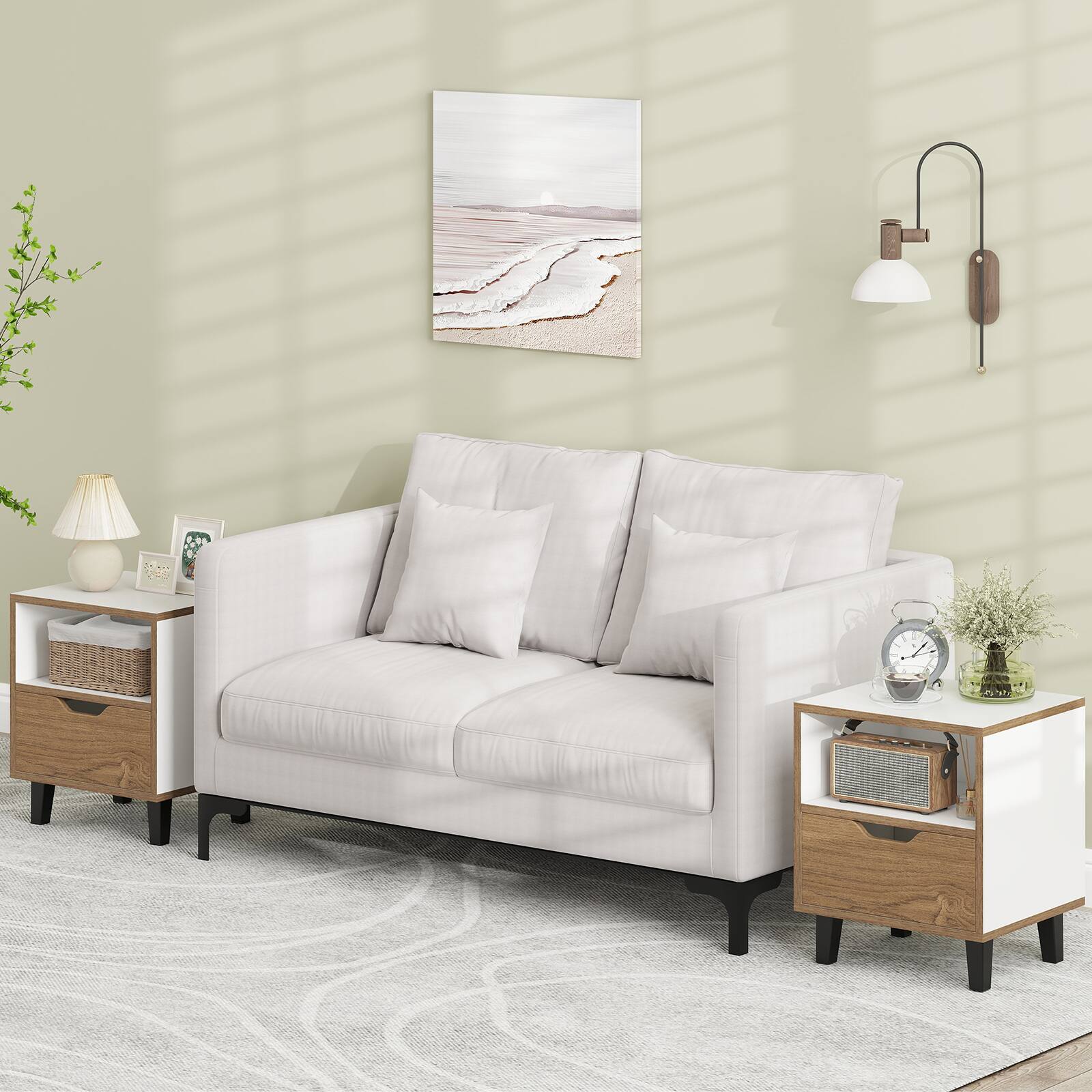 Angle. SlickBlue - Set of 2 Bedside Tables with Drawer and Open Shelf for Bedroom Storage - Natural, White.