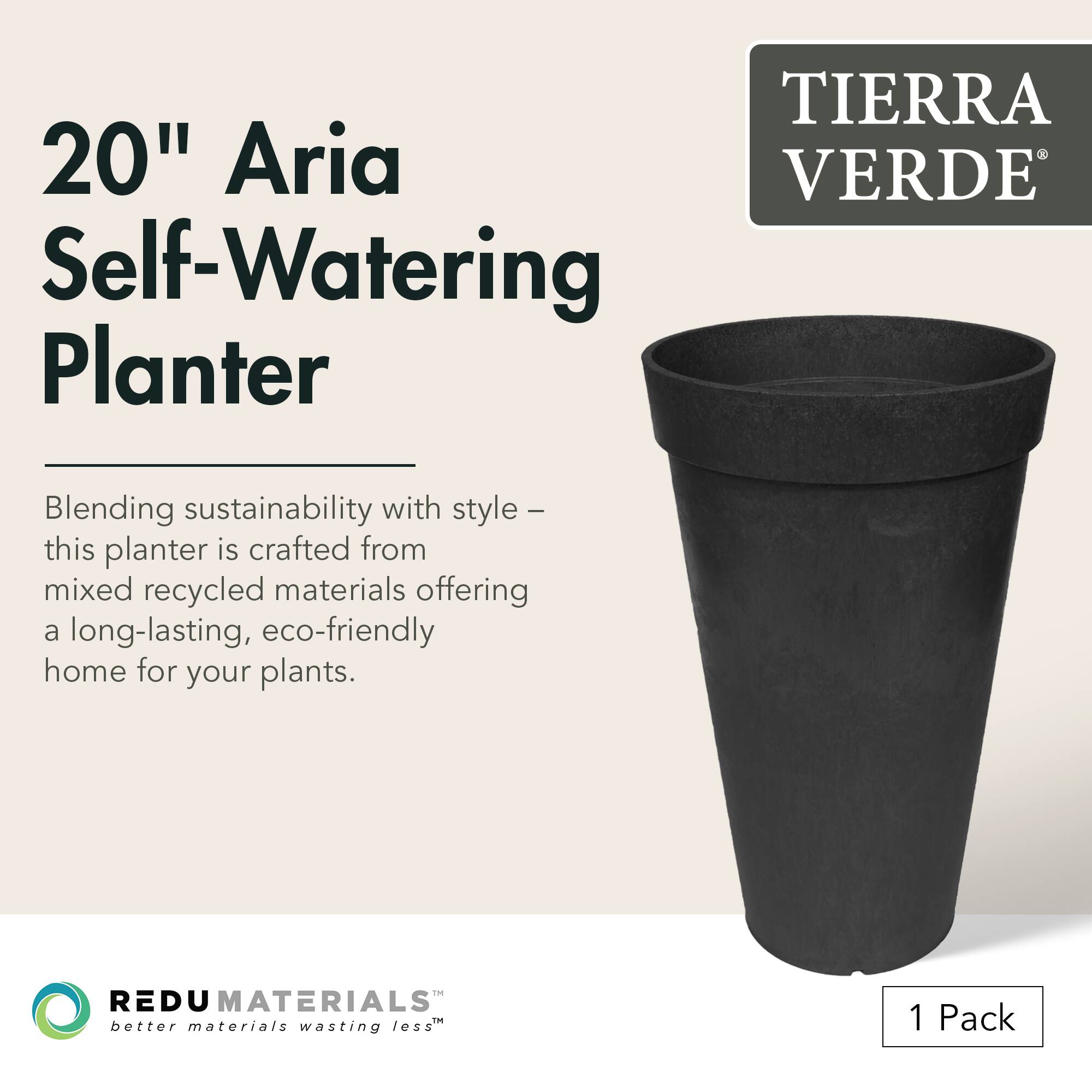 **20" Aria Self-Watering Planter**

Blending sustainability with style – this planter is crafted from mixed recycled materials offering a long-lasting, eco-friendly home for your plants.

**TIERRA VERDE**

**REDU MATERIALS**  
better materials wasting less

1 Pack
