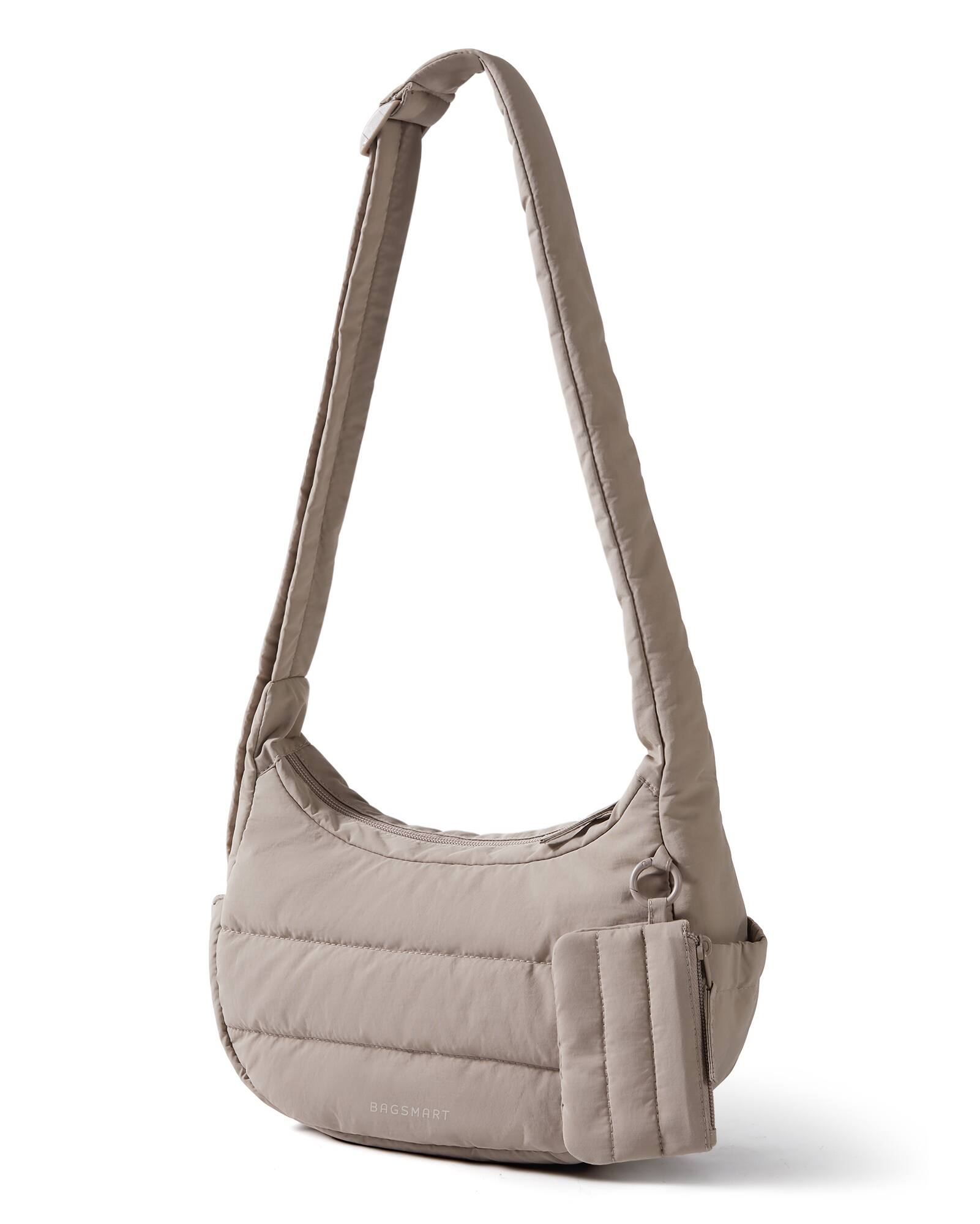 Angle. Bagsmart - Compact Puffer Crossbody Hobo Bag, 3-Way Carry Sling with Expandable Water Bottle Pocket for Travel & Daily Use - Camel.