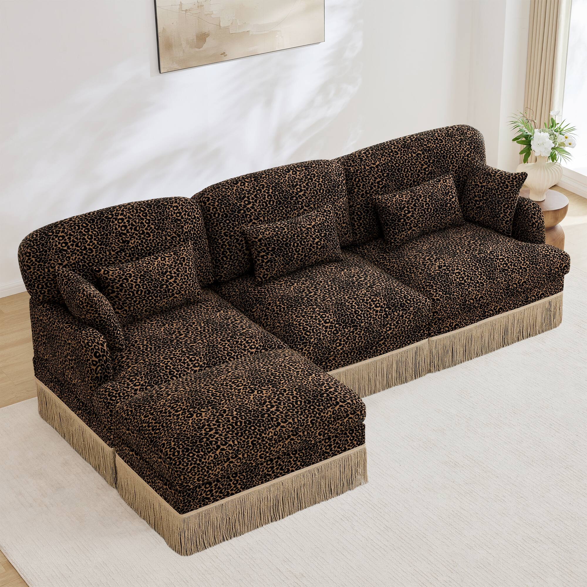 Left. Anysun - Modern Fashion Style L-Shaped Chenille Leopard Print Sofa with Movable Ottoman & Tassel Edge, Easy Assembly, Deep Seat - Brown.