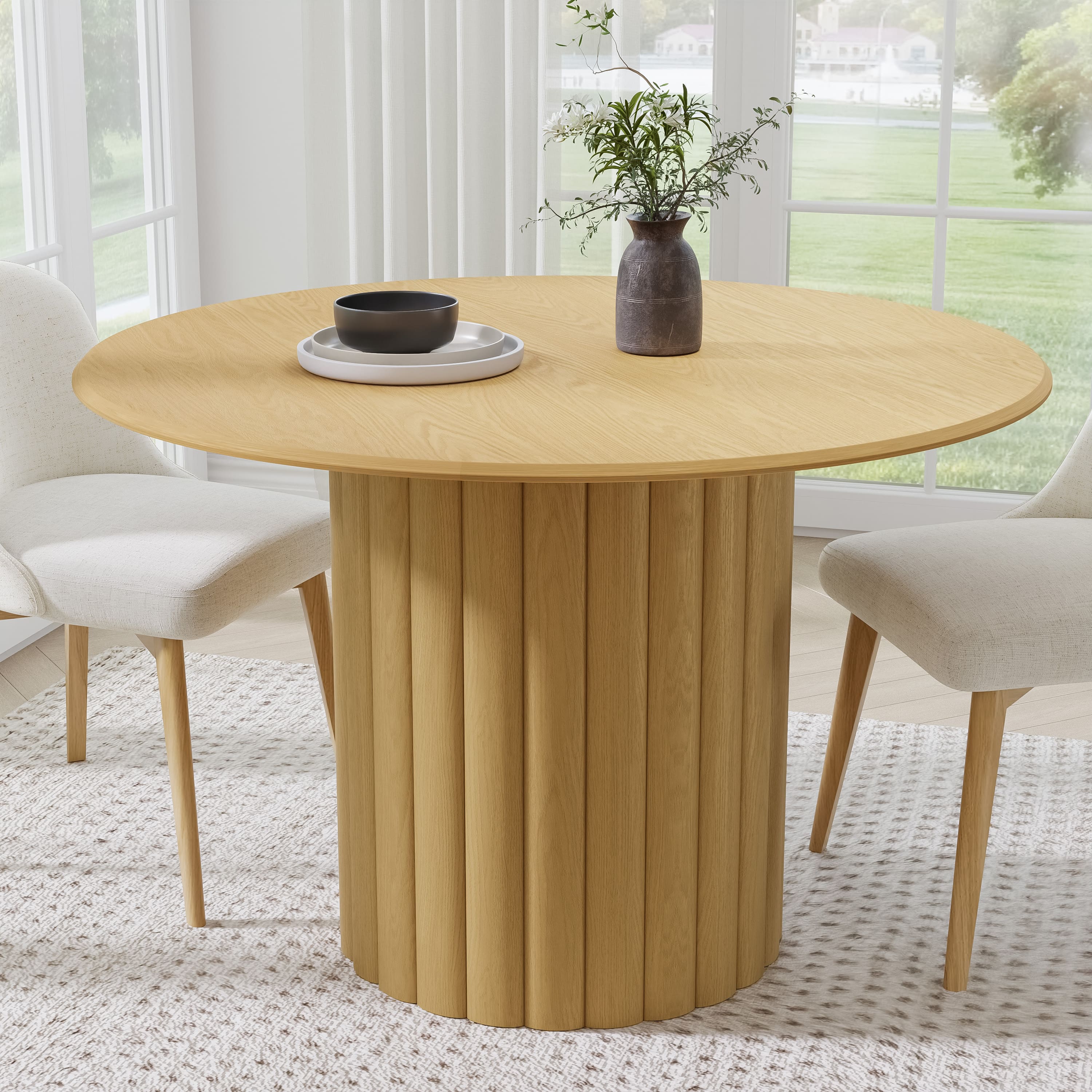 PexFix - Minimalist Farmhouse Duckbill Edge Round Solid Oak 46 in. Wide Ribbed Base Kitchen & Dining Table Seats 4 - Natural