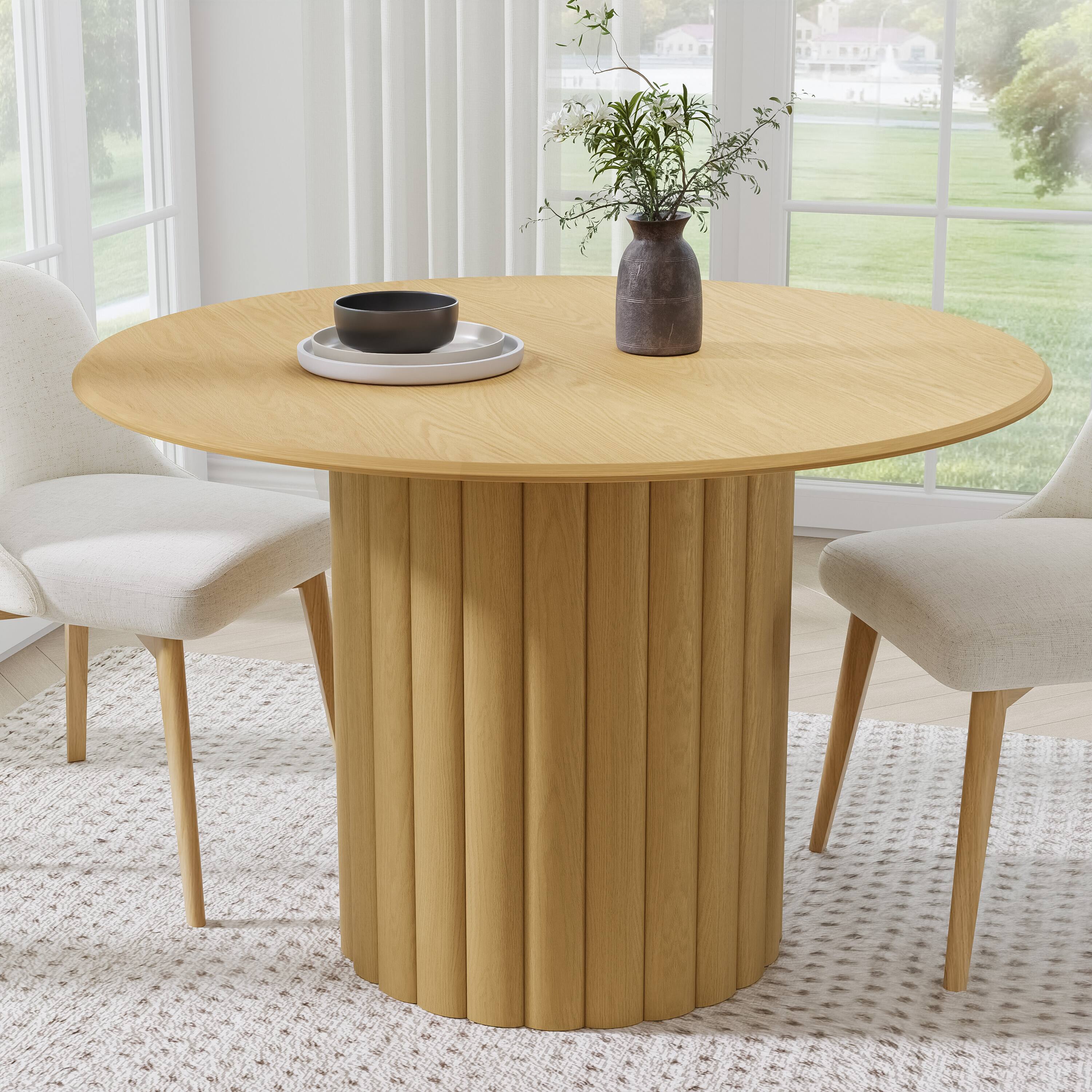 PexFix - Minimalist Farmhouse Duckbill Edge Round Solid Oak 46 in. Wide Ribbed Base Kitchen & Dining Table Seats 4 - Natural