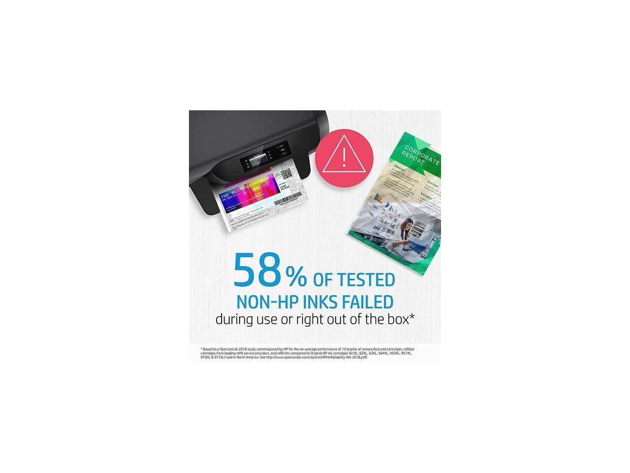 THE REPORT  
Akaus Kycew Value VE  

58% OF TESTED NON-HP INKS FAILED during use or right out of the box*  

Runation Spencer y018 e Vtudy commissioned By - for the cartridges for eading nre servee providers and rette ats compared . Orignal arX & 2 10 - in NoTh Amterea See a tnands af cartridpes naned cartidges 1 IK X Va vicL 9 DEE  

*Based on a "SpencerLab 2018 study commissioned by HP for the on-average performance of 12 brands of remanufactured cartridges, refilled cartridges, and 970XL sold in North America. See http://www.spencerlab.com/reports/PrintReliability-MH-2018.pdf