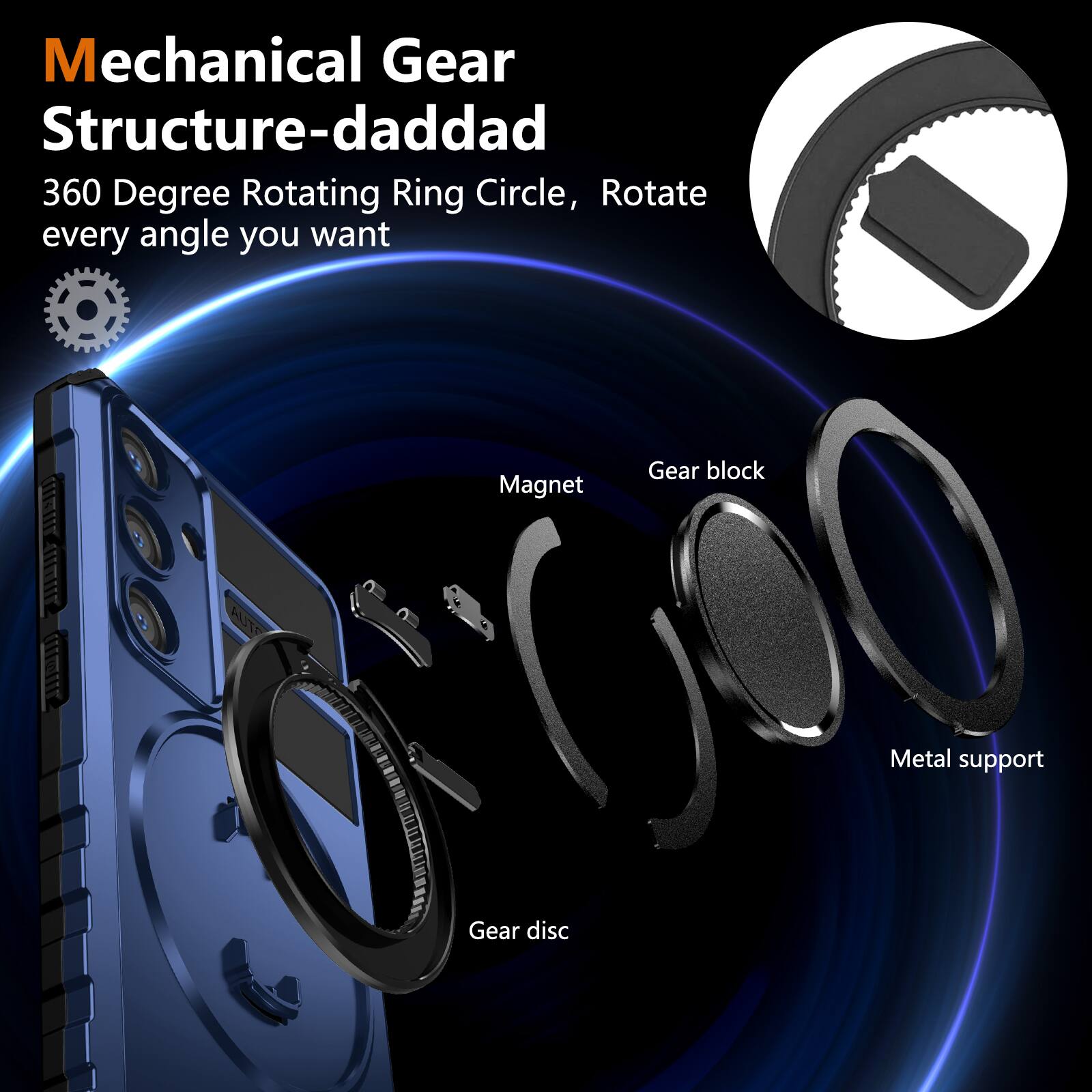 Mechanical Gear Structure-daddad  
360 Degree Rotating Ring Circle, Rotate every angle you want  

- Magnet  
- Gear block  
- Metal support  
- Gear disc