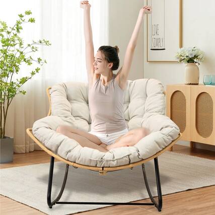 Front. GOODSILO - Versatile Indoor and Outdoor Rocking Lounge Chair with Rattan Wicker Design for Comfortable Relaxation - Beige+Black.