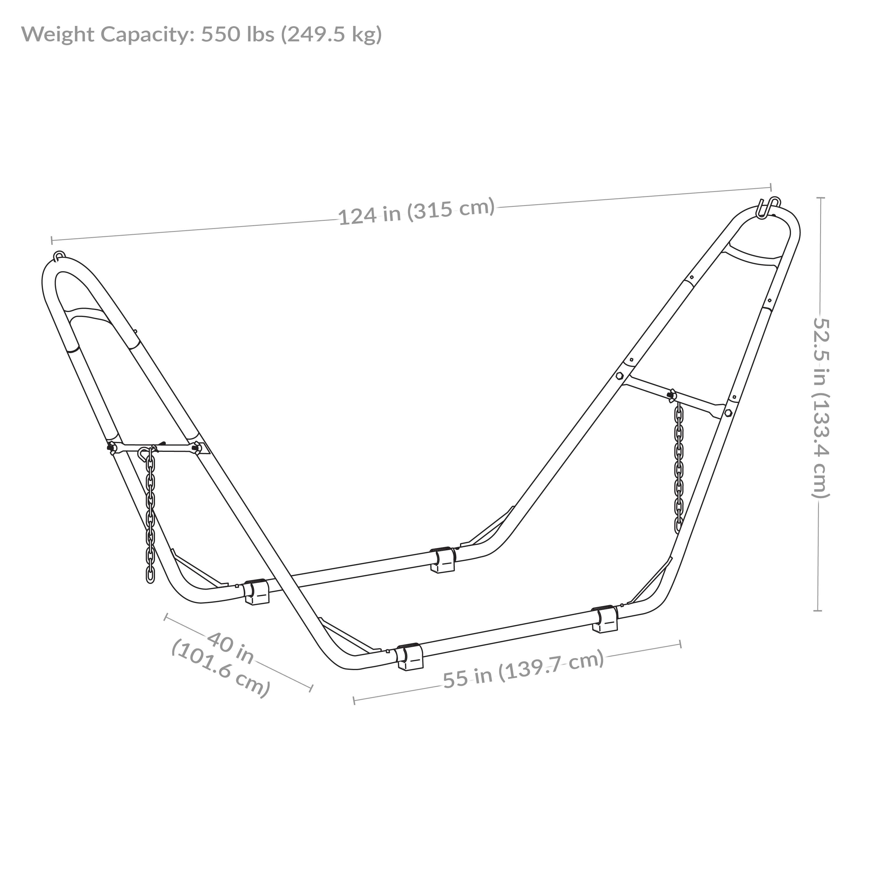 Weight Capacity: 550 lbs (249.5 kg)

- Length: 124 in (315 cm)
- Width: 52.5 in (133.4 cm)
- Height: 55 in (139.7 cm)
- Distance between wheels: 40 in (101.6 cm)