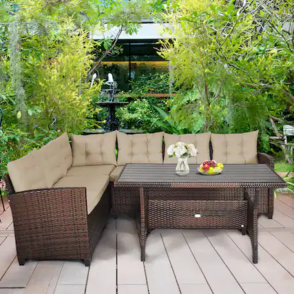 Front. Gymax - Gymax 3PCS Rattan Dining Sofa Set w/6 Cushioned Seats Patio Furniture - AS PICS.