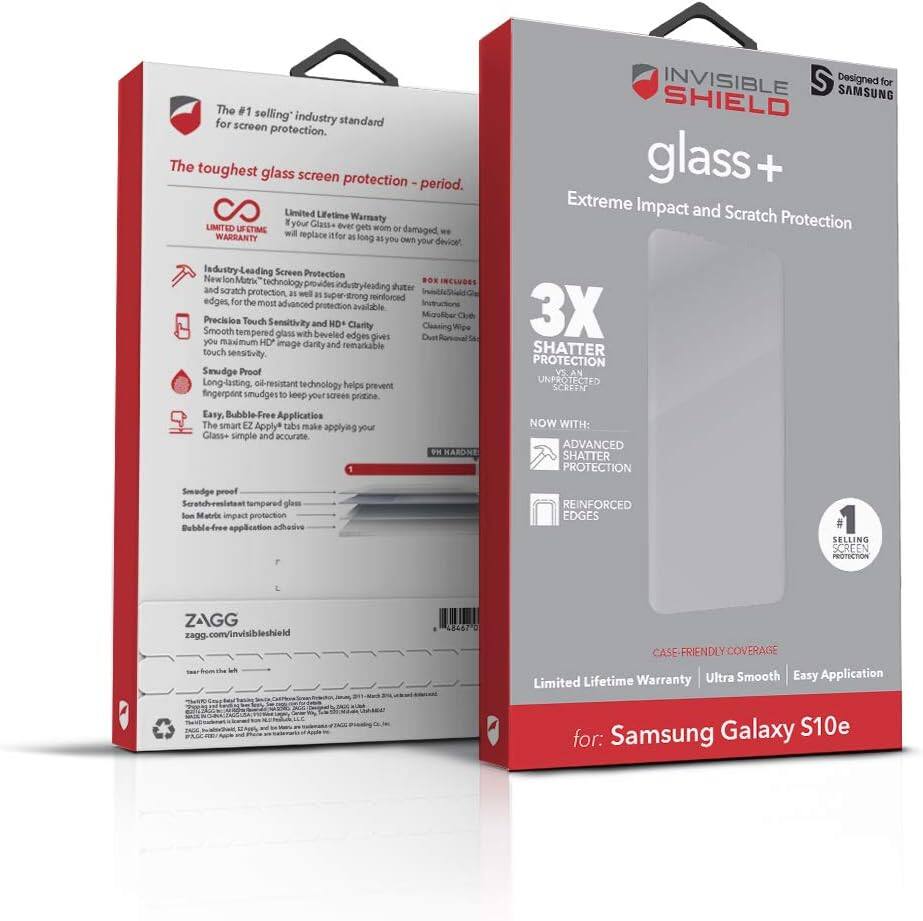 The #1 selling industry standard for screen protection. The toughest glass screen protection - period. Limited Lifetime Warranty: If your Glass+ ever gets damaged or broken, we will replace it for as long as you own your device. Industry-leading Screen Protection: New Ion Matrix™ technology provides extreme impact and scratch protection, as well as super-strong reinforced edges for the most advanced protection. Precision Touch Sensitivity and HD Clarity: Tempered glass with beveled edges gives you maximum HD image clarity and remarkable touch sensitivity. Smudge Proof: Long-lasting, smudge-resistant technology helps prevent fingerprints to keep your screen pristine. Easy, Bubble-Free Application: The smart EZ Apply™ tab makes applying your Glass+ simple and accurate. 3X SHATTER PROTECTION: UNPROTECTED GLASS. NOW WITH: ADVANCED SHATTER PROTECTION. REINFORCED EDGES. CASE-FRIENDLY COVERAGE. Limited Lifetime Warranty | Ultra Smooth | Easy Application. Designed for Samsung Galaxy S10e.