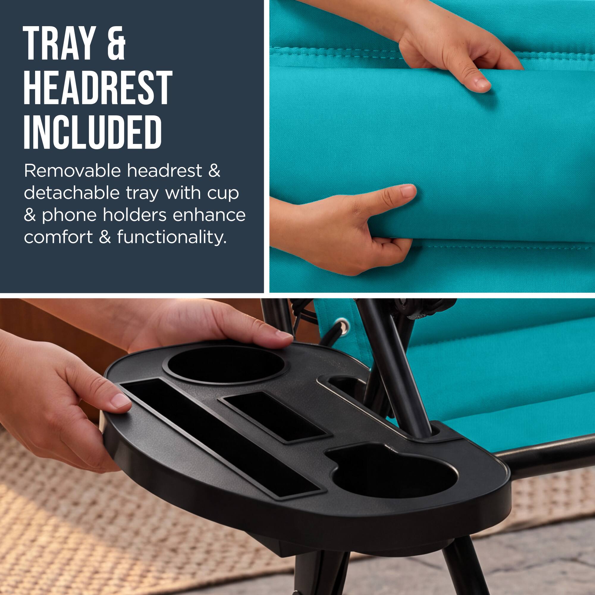 TRAY & HEADREST INCLUDED

Removable headrest & detachable tray with cup & phone holders enhance comfort & functionality.