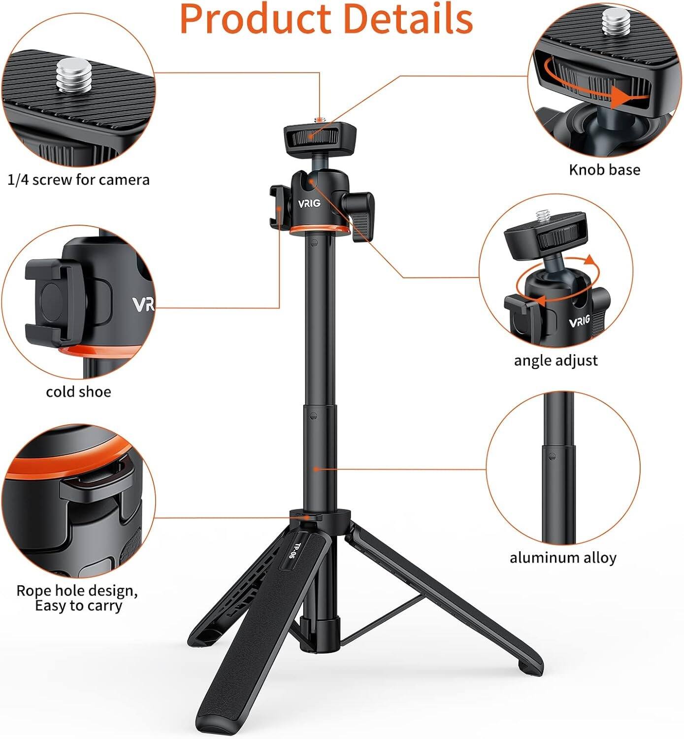 Product Details

- 1/4 screw for camera
- Knob base
- VRIG
- angle adjust
- cold shoe
- aluminum alloy
- Rope hole design, Easy to carry
