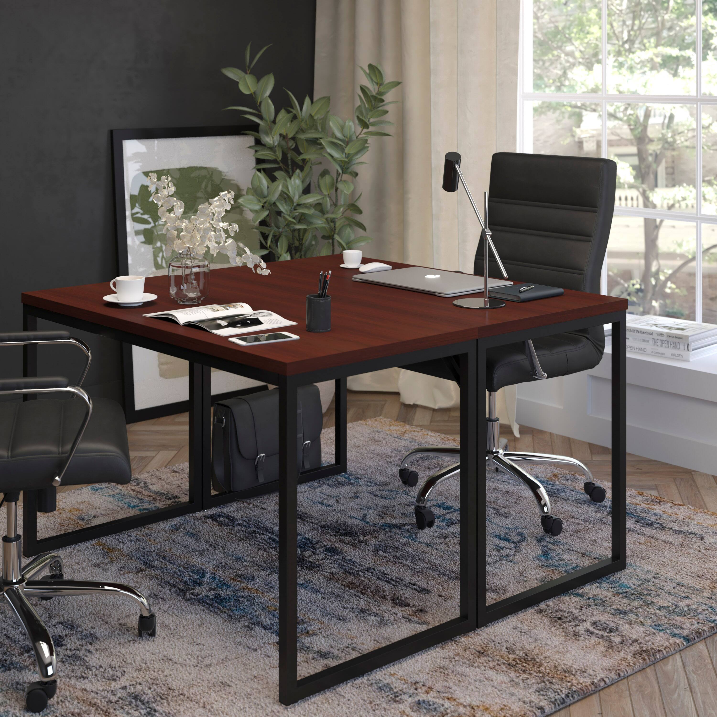 Alt View 3. Emma + Oliver - Industrial Modern Desk-47"L Commercial Grade Home Office Desk - Mahogany Top/Black Frame.