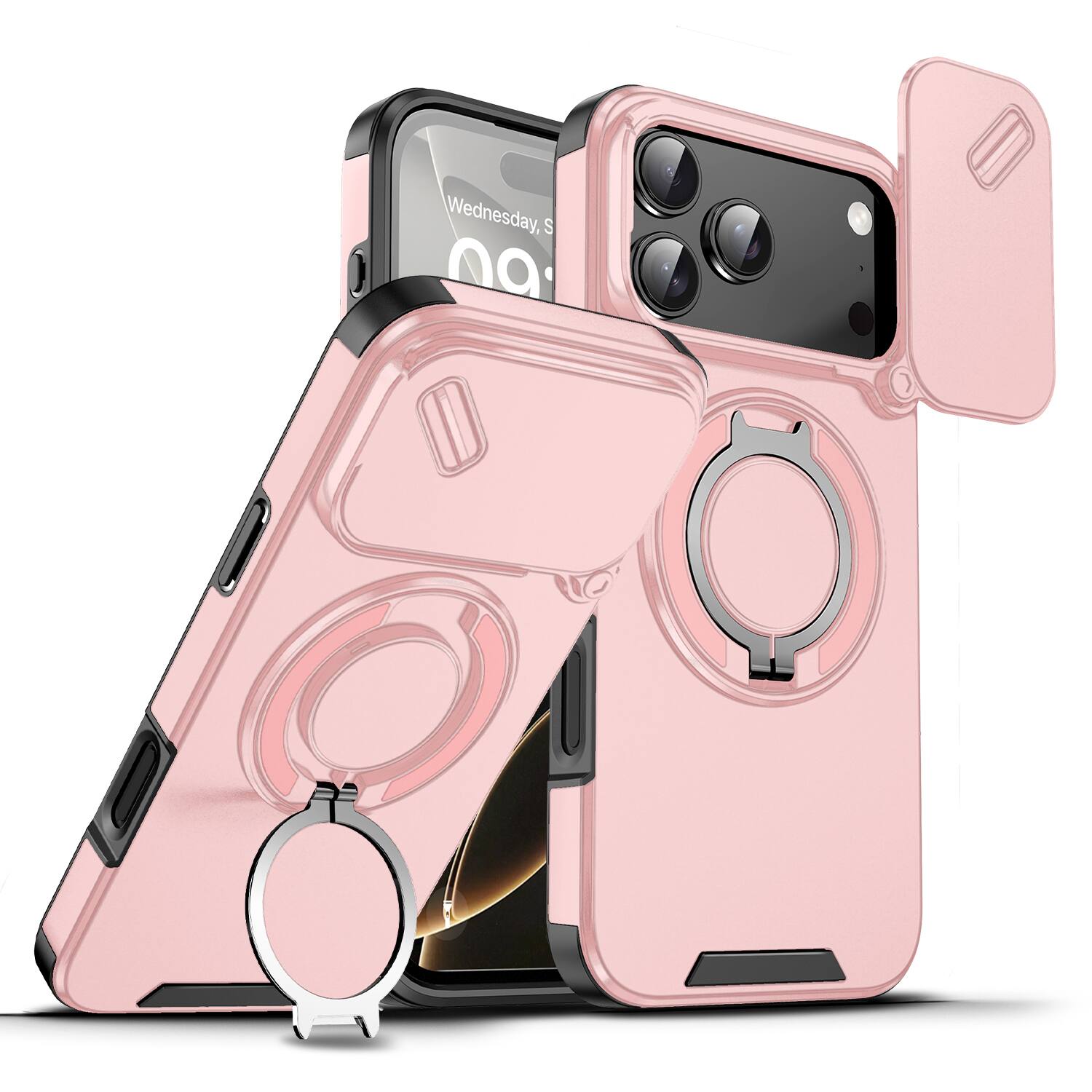 Front. Dteck - Magnetic Ring Stand Case for iPhone 17 Pro Max with Lens Protection Hard Back Cover - Pink.