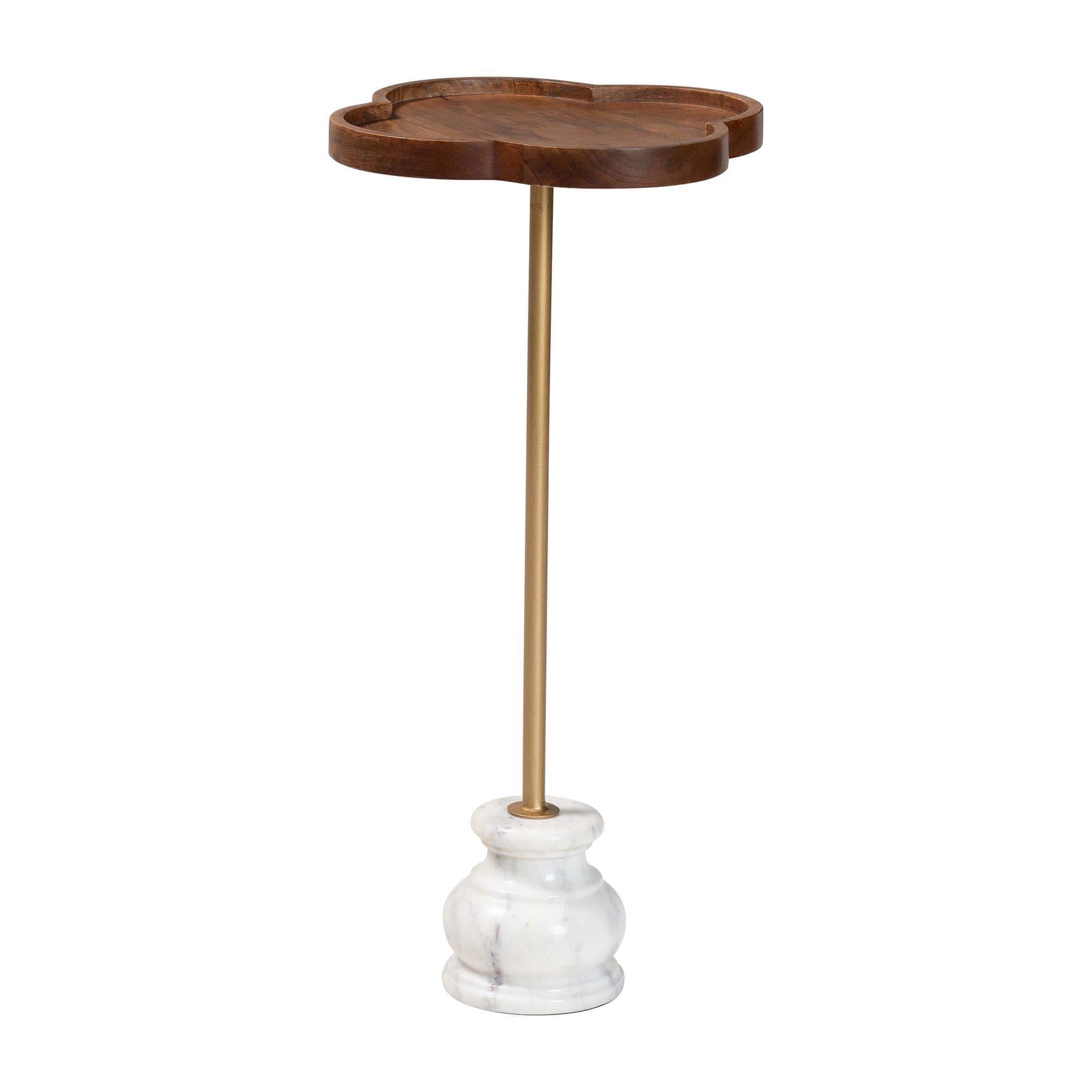 Baxton Studio - Gezana Drink Table with Marble Base - Compact Pedestal Accent Table with Clover Tray Top for Living Room or Sofa Side - Marble White/Gold/Walnut Brown