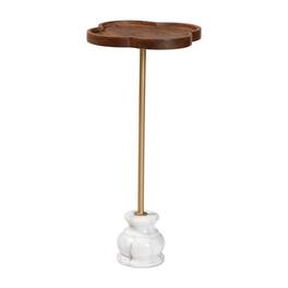 Baxton Studio - Gezana Drink Table with Marble Base - Compact Pedestal Accent Table with Clover Tray Top for Living Room or Sofa Side - Marble White/Gold/Walnut Brown