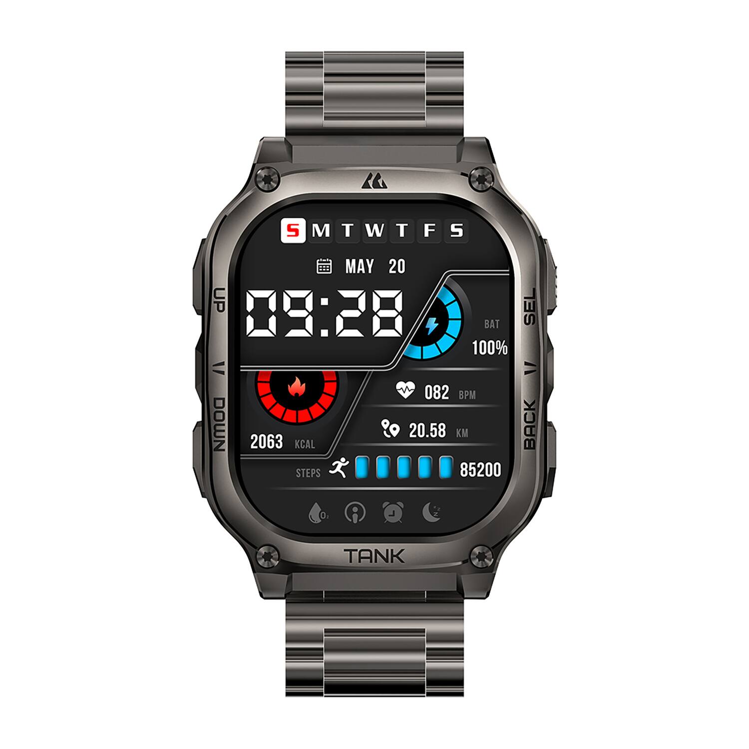 S M T W T F S  
MAY 20  
09:28  
BAT 100%  
V 082 BPM  
2063 KCAL  
20.58 KM  
STEPS 85200  
SEL  
BACK TANK