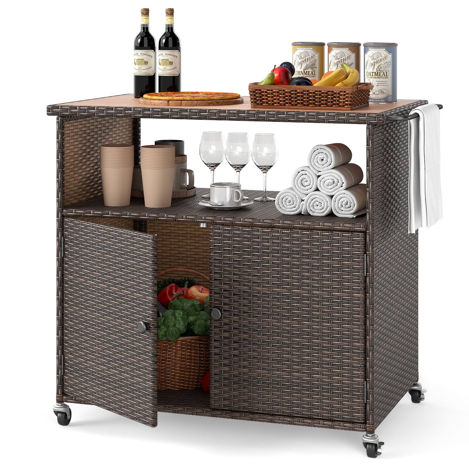 Gymax - Outdoor Storage Cabinet w/Acacia Wood Top 2 Doors Buffet Cabinet Sideboard - Brown