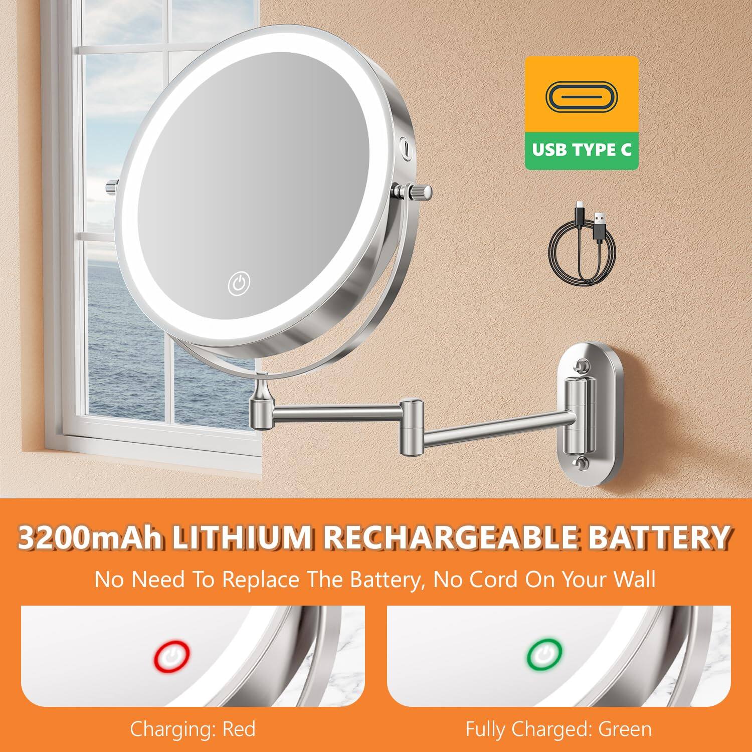 USB TYPE C

3200mAh LITHIUM RECHARGEABLE BATTERY  
No Need To Replace The Battery, No Cord On Your Wall

Charging: Red  
Fully Charged: Green