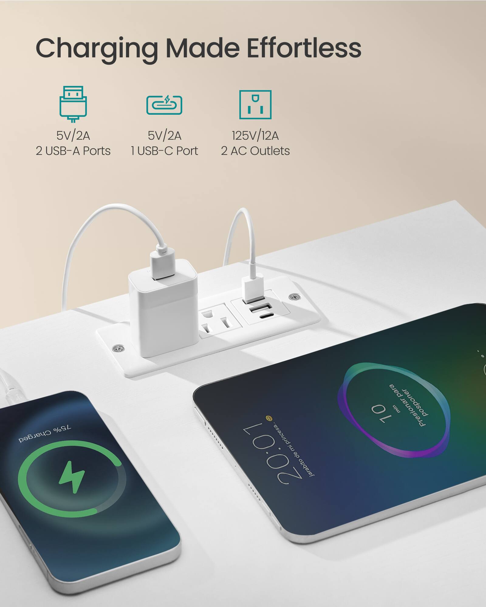 Charging Made Effortless

5V/2A 2 USB-A Ports  
5V/2A 1 USB-C Port  
125V/12A 2 AC Outlets  

75% Charged

20:01 de jarabito para 10 min posponer