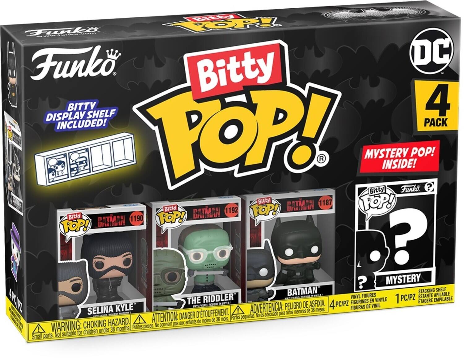 Funko, Bitty, DISPLAY, SHELF, INCLUDED!, 4, PACK, TOP!, R, MYSTERY, INSIDE!, POP!, ?, Bitty, Funko, Bitty, 1187, POP!, BATMAN, Bitty, 1192, POP!, BATMAN, POP!, BATMAN, ? ?, MYSTERY, STACKING, SHELF, VINYL, FIGURES, ESTANTE, EMPILABLE, ARCIFZ, THE, RIDDLER, EN, VINYLE, 1, PC/PZ, ETAGERE, EMPILABLE, N, FPU, DE, ASFIXIA, 4, PC/PZ, FIGURINES, I, POR, PELIGRO, DE, VINIL, SELINA, KYLE, ADVERTENCIA, 36, meses., FIGURAS, D'TOUFFEMENT., !, nios, menores, de, DANGER, No, S, adecuado, para, ATTENTION, de, 36, mois., Partes, pequeas., CHOKING, Ne, convient, pas, aLx!, WARNING, for, children, under, 36, months., Petites, pices., Smal, parts., Not, surtable