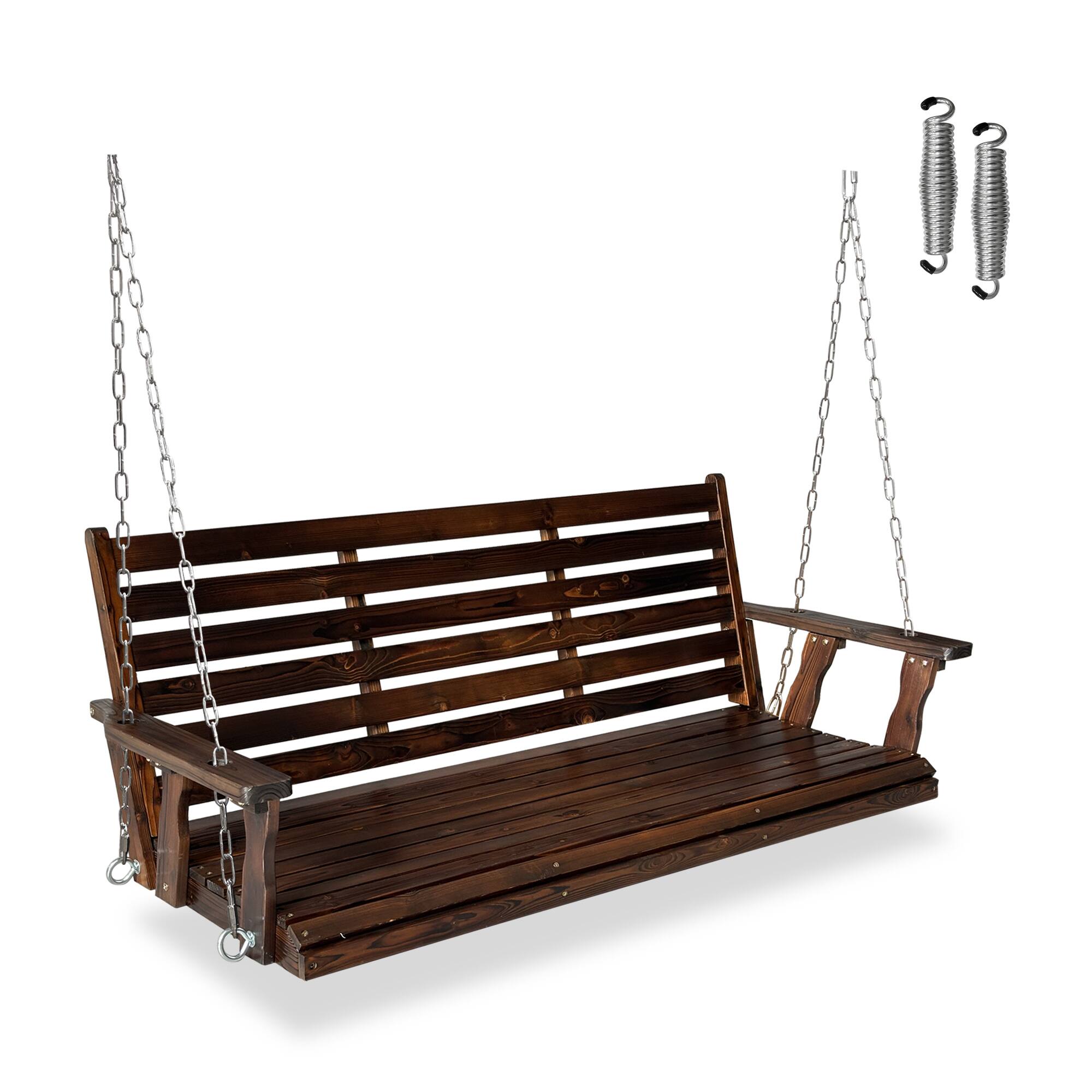 Front. Fortune Candy - Wooden Porch Swing with Chains & Springs, 880 LBS Heavy Duty Bench for Patio & Garden（Extra Large,3-Seater ） - Deep Brown.