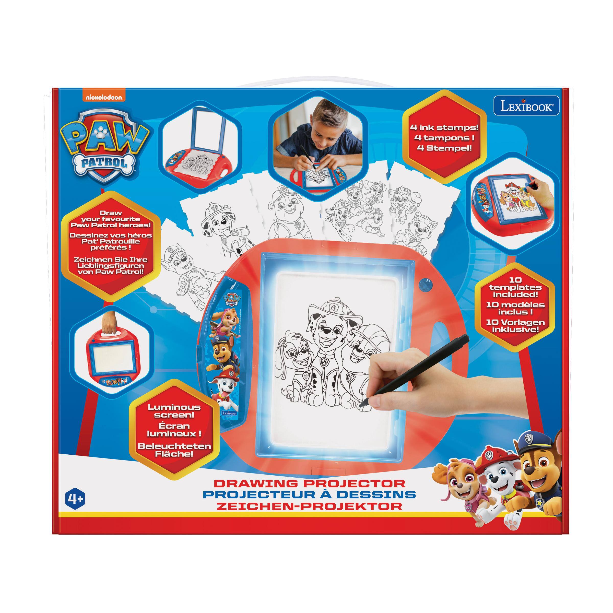 nickelodeon PAW PATROL

LEXIBOOK 4 ink stamps! 4 tampons! 4 Stempel!

Draw your favourite Paw Patrol heroes! Dessinez vos héros Pat Patrouille préférés! Zeichnen Sie Ihre Lieblingsfiguren von Paw Patrol!

10 templates included! 10 modèles inclus! 10 Vorlagen inklusive!

Luminous screen! Écran lumineux! Beleuchteten Fläche!

4+ DRAWING PROJECTOR PROJECTEUR DESSINS ZEICHEN-PROJEKTOR