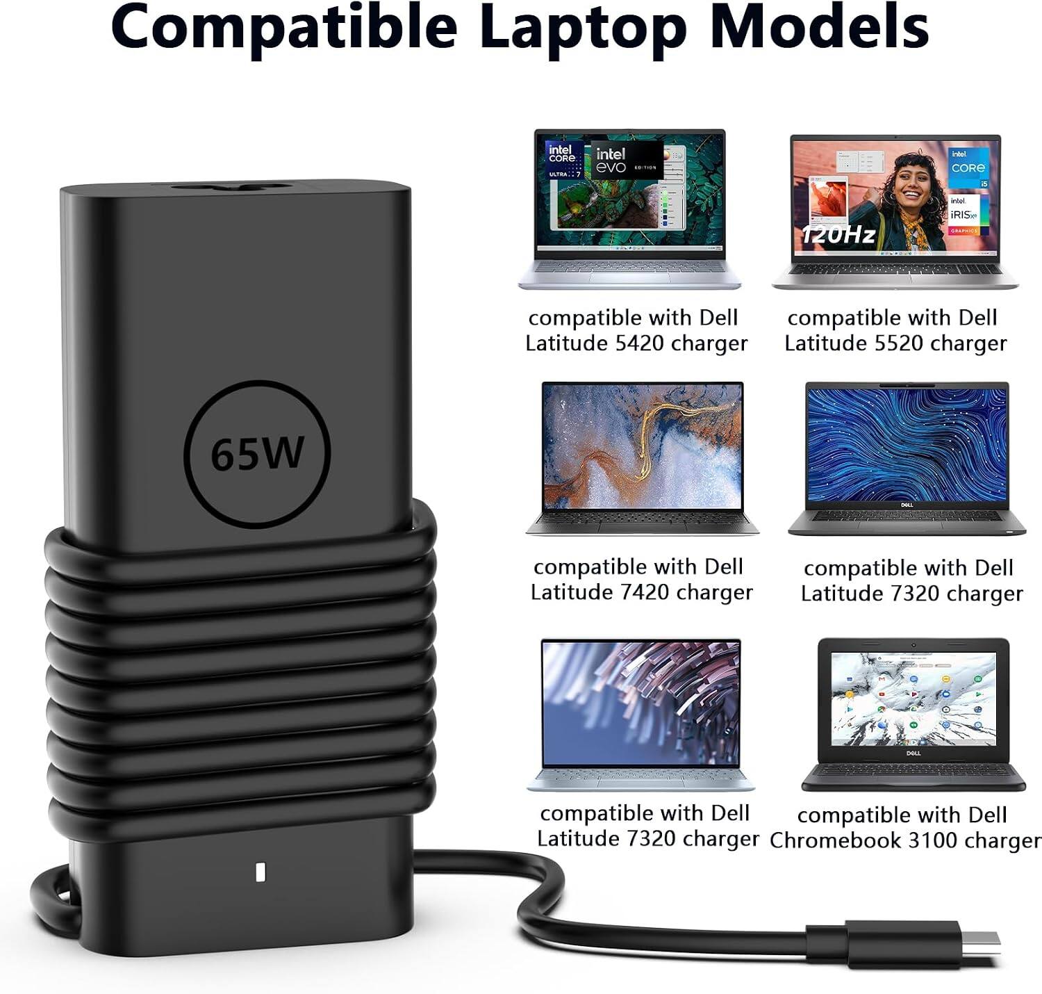 Compatible Laptop Models

- Intel CORE
- Intel evo
- CORE
- 120Hz - IRIS

Compatible with Dell:
- Latitude 5420 charger
- Latitude 5520 charger
- Latitude 7420 charger
- Latitude 7320 charger
- Latitude 7320 charger
- Chromebook 3100 charger