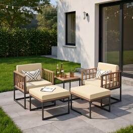Kadyn - 5 Piece Outdoor Furniture Set Acacia Wood Chair Set Small Patio Conversation Furniture Set with Ottomans and Coffee - Beige