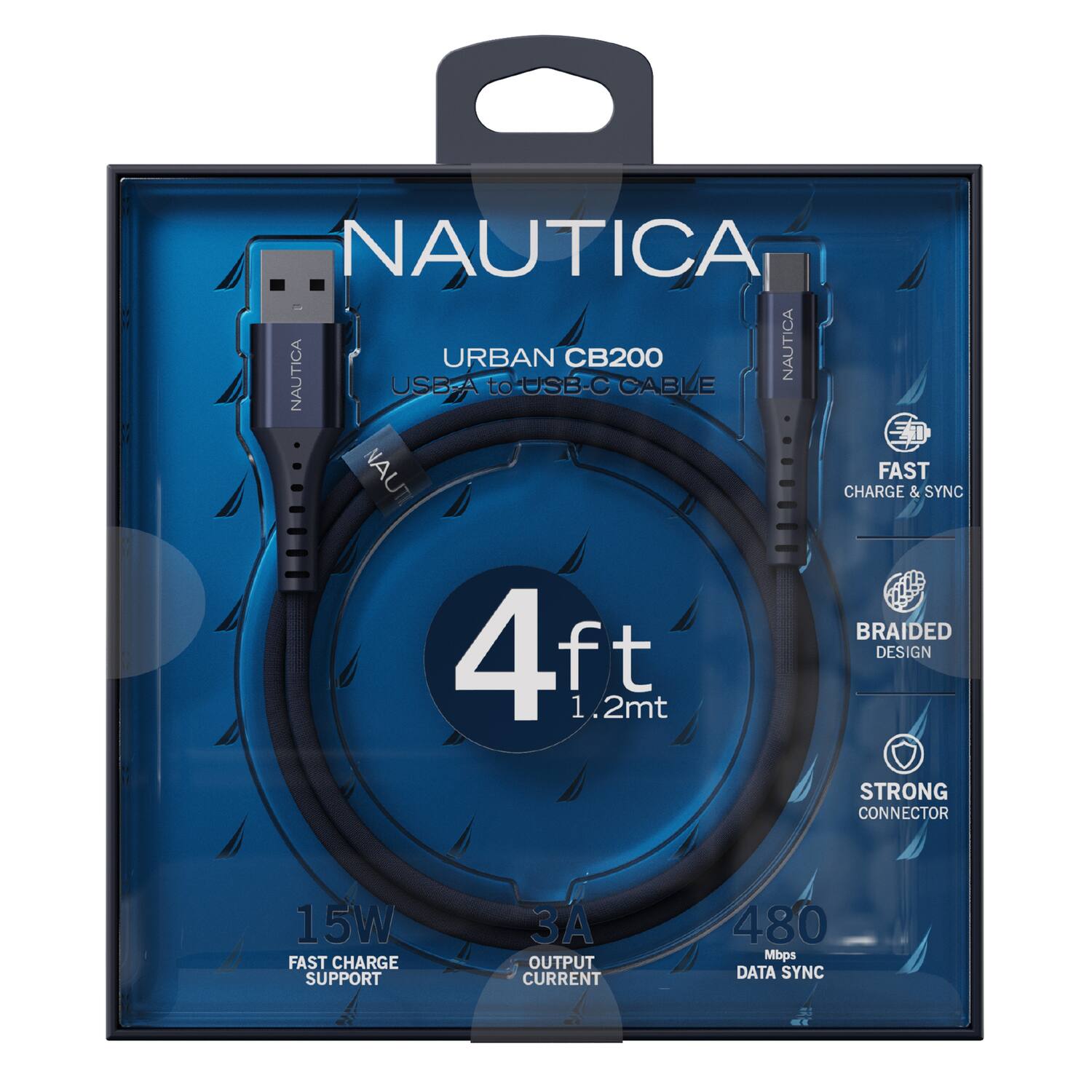 NAUTICA NAUTICA URBAN CB200 NAUTICA USB-A to USB-C CABLE ED NAUT FAST CHARGE & SYNC BRAIDED 4ft (1.2mt) DESIGN STRONG CONNECTOR 15W FAST CHARGE SUPPORT OUTPUT CURRENT 480 Mbps DATA SYNC