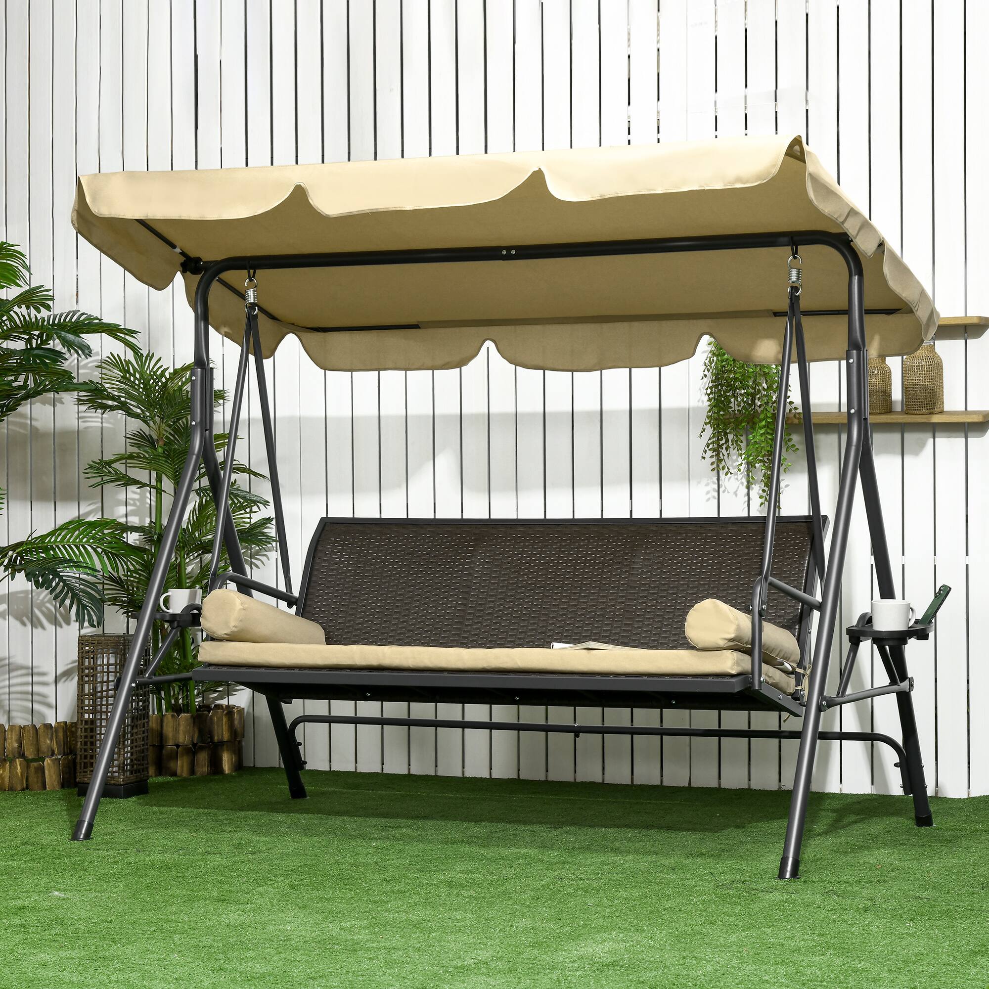 Alt View 1. Outsunny - Outsunny 3-Seat Patio Swing Chair Swing Bench for Outside w/ Adjustable Shade - Black, Brown, Khaki.
