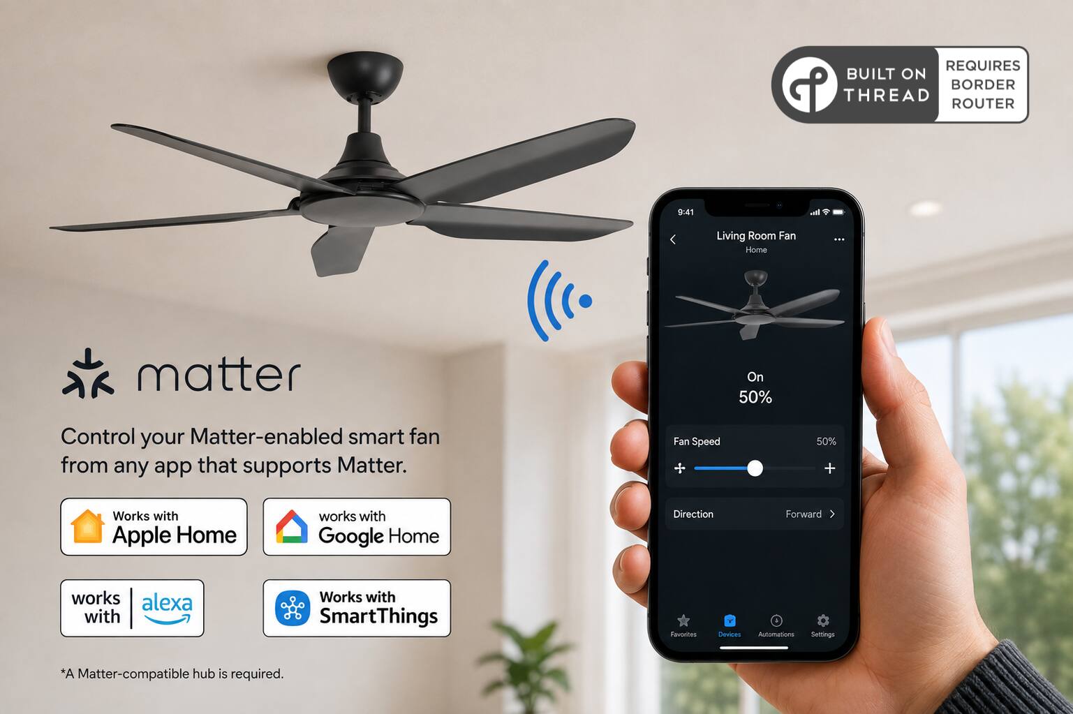 REQUIRES BUILT ON THREAD ROUTER

9:41

Living Room Fan Home

On 50%

Control your Matter-enabled smart fan from any app that supports Matter.

Fan Speed + 50% +

Works with Apple Home
works with Google Home
works with alexa
Works with SmartThings

Direction Forward

Favorites Devices Automations Settings

*A Matter-compatible hub is required.